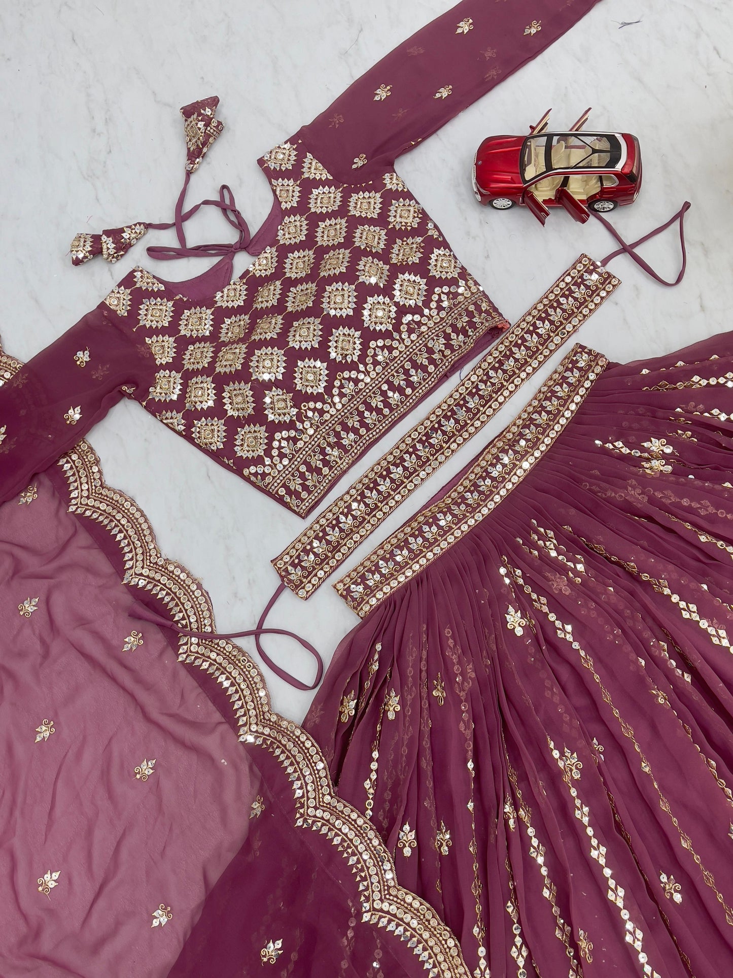 Georgette Lehnga chilli Dupatta with belt