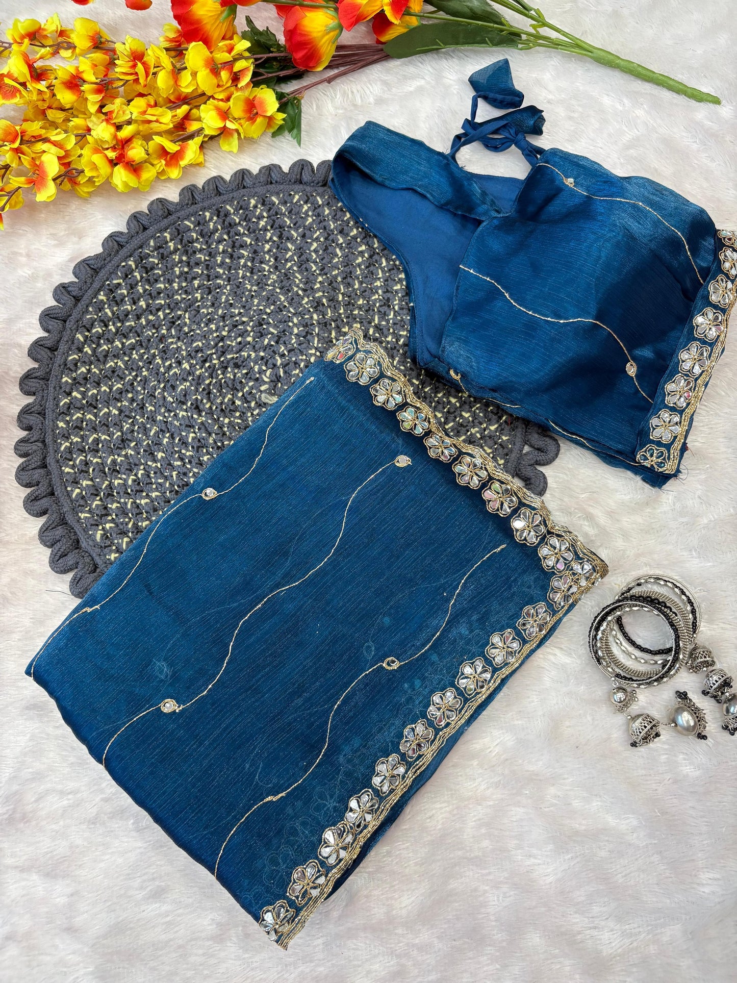 Jimmy Chu Silk Embellished With Beautiful Glitter Dori Work And Real Mirror Work