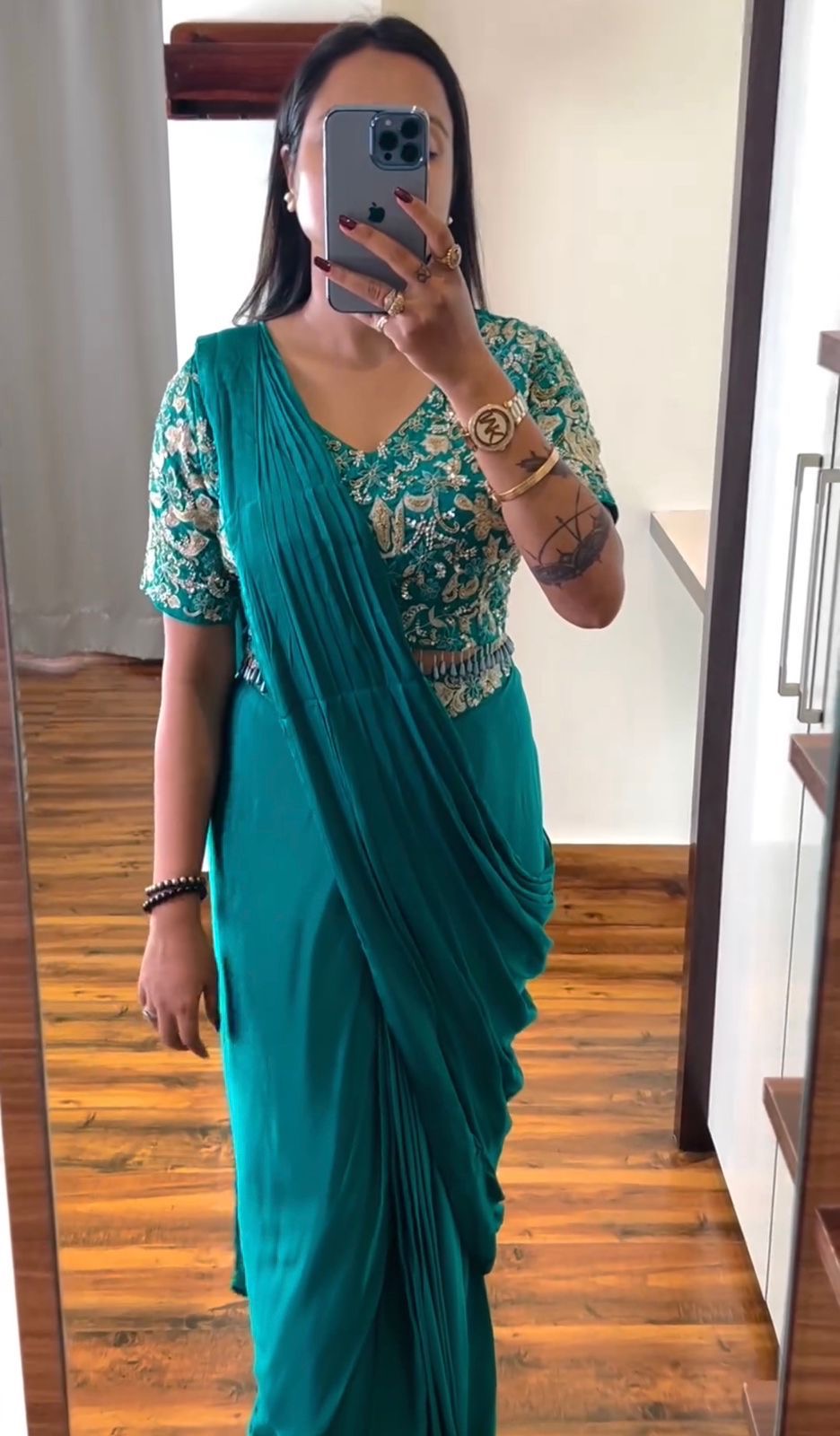 Embroidery cording work ready to wear saree with Embroidery Blouse
