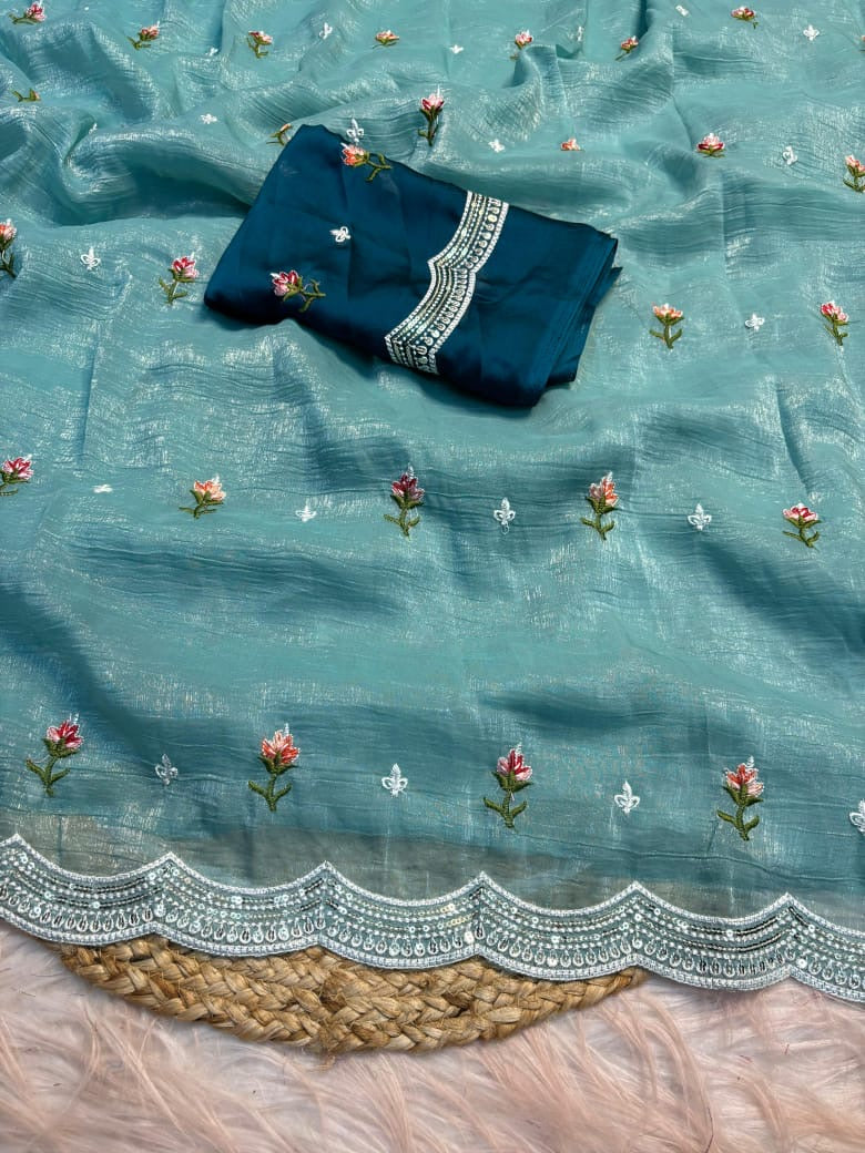 Crunchy Chiffon Multi Embroidery Work Saree