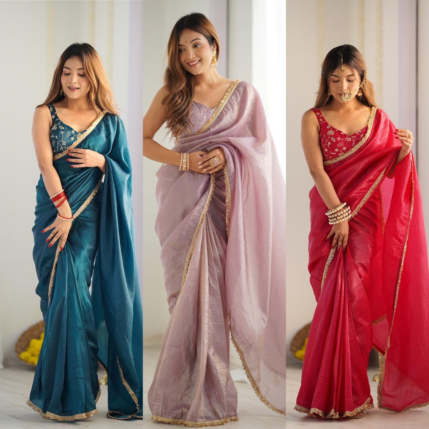 READY TO WEAR PREDRAPPED SAREE WITH FULL STTICHED BLOUSE PREMIUM GOLD CRUSH TISSUE SILK FABRIC