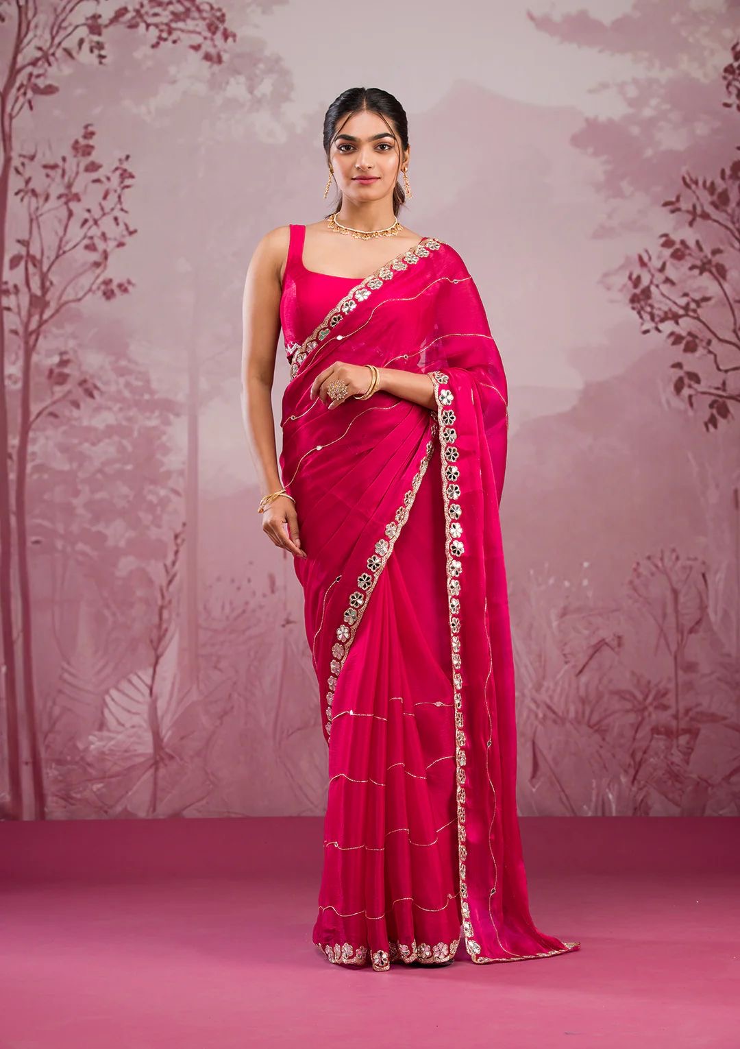 Jimmy Chu Silk Embellished With Beautiful Glitter Dori Work And Real Mirror Work
