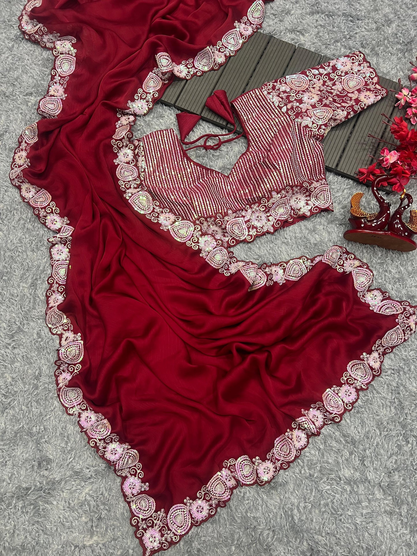 Satin Chiffon saree with Sequins embroidery work
