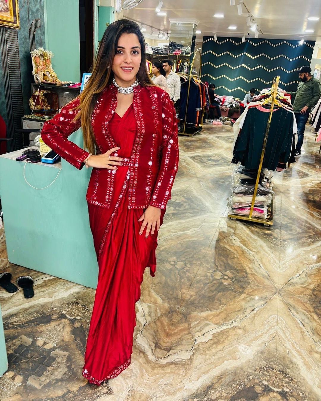 Embroidery Sequence work ready to wear saree with full koti