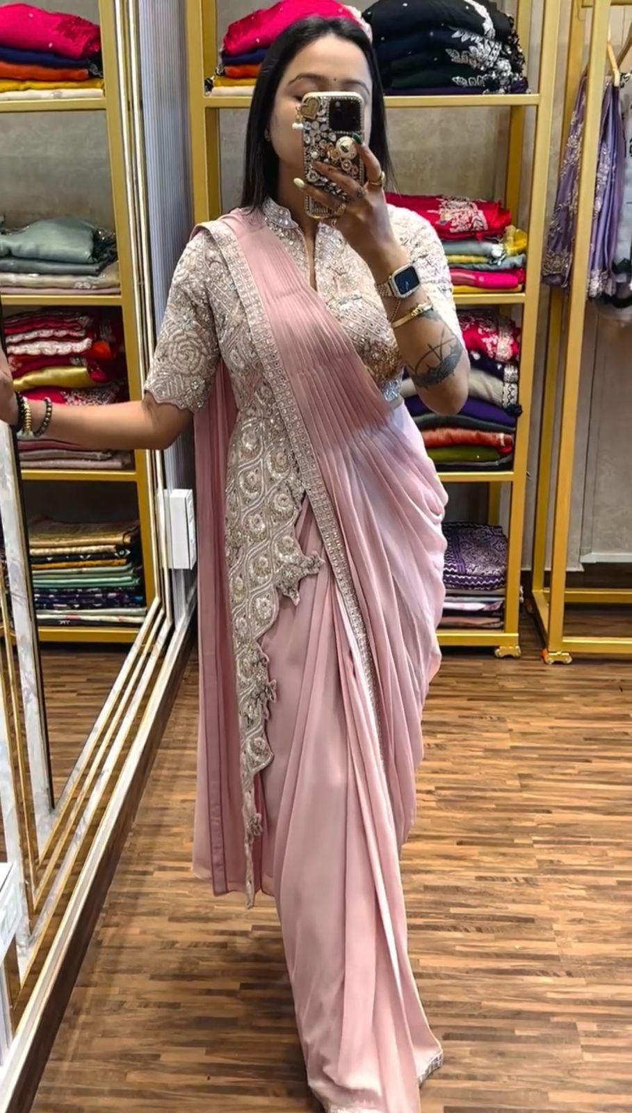 READY TO WEAR SAREE WITH FULLY EMBROIDERED STYLIST BLOUSE ON CHINON FABRIC