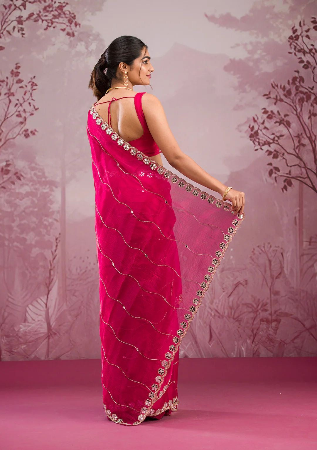 Jimmy Chu Silk Embellished With Beautiful Glitter Dori Work And Real Mirror Work