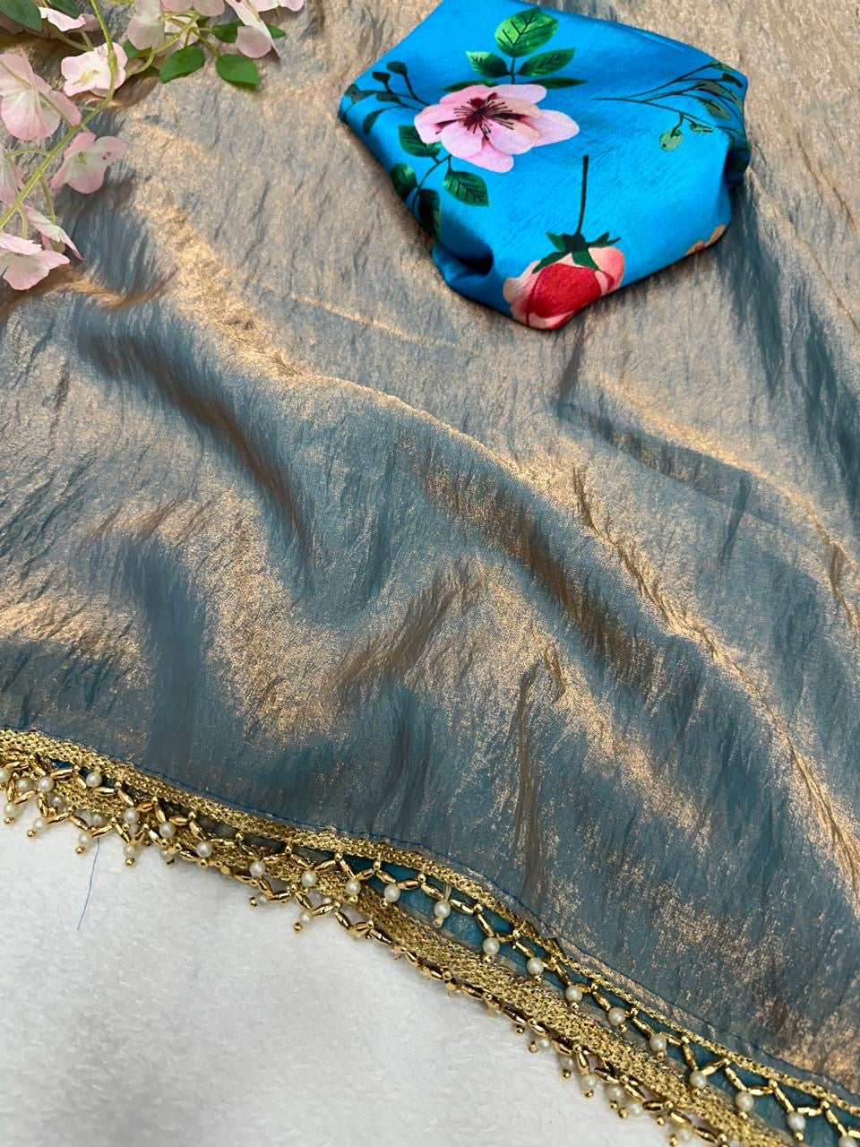 Fandy crush silk with fancy handwork lace