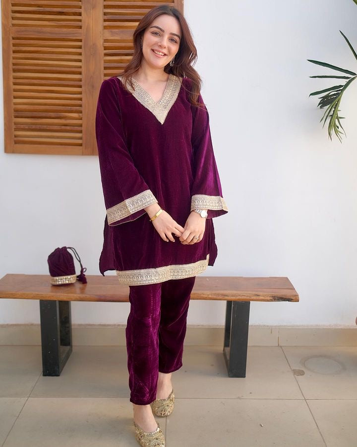 Maroon Velvet Suit Set