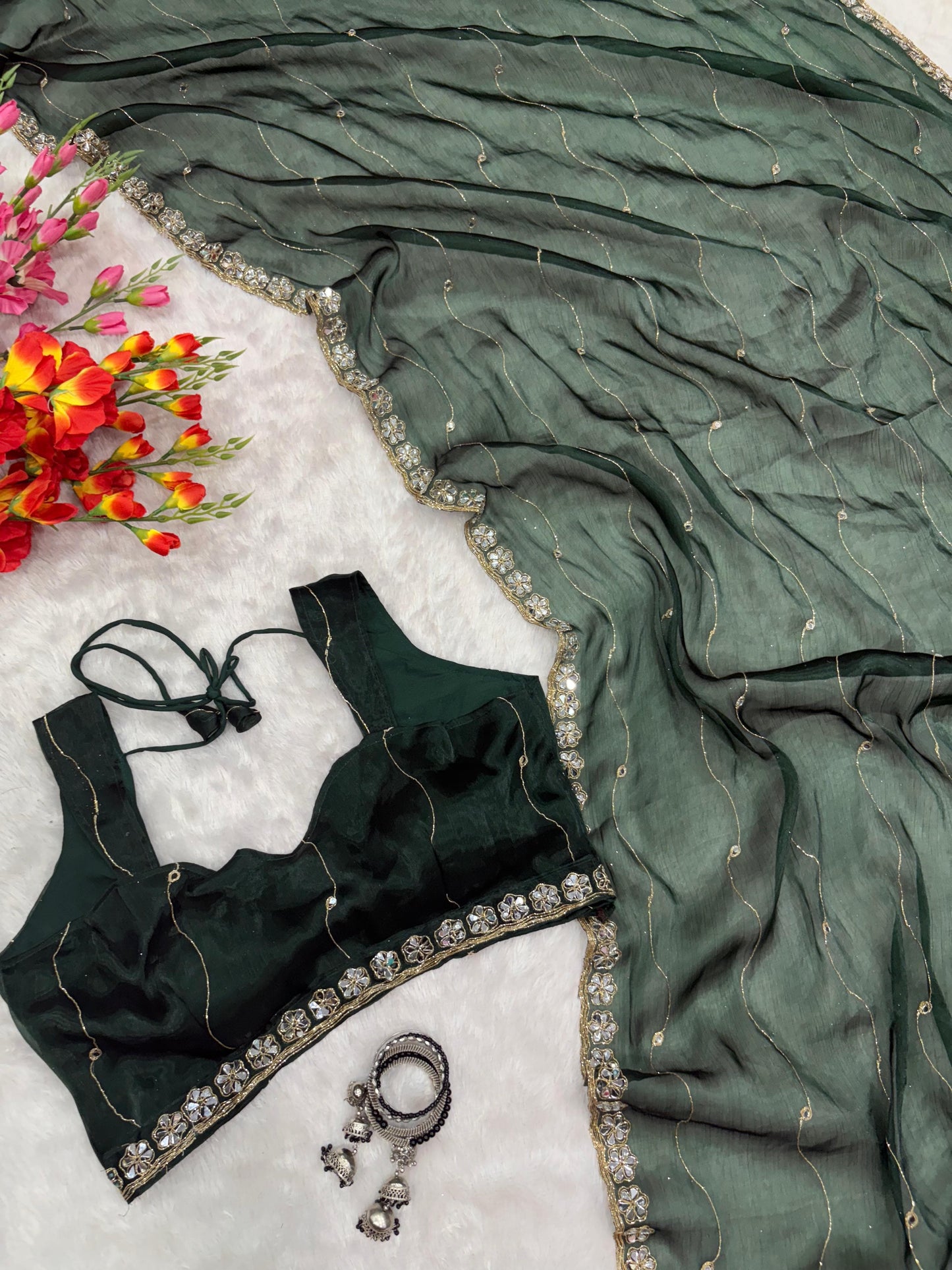Jimmy Chu Silk Embellished With Beautiful Glitter Dori Work And Real Mirror Work