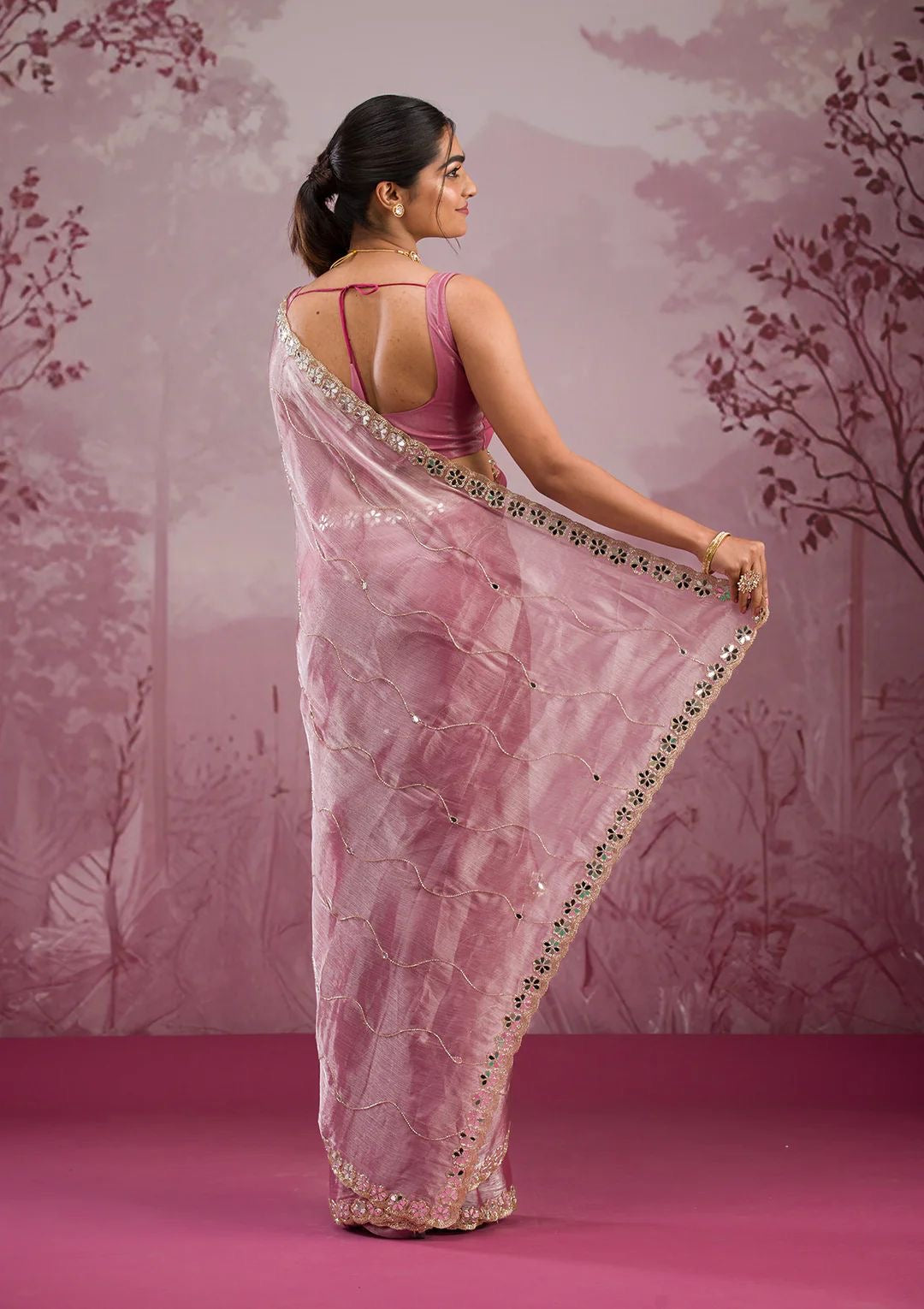 Jimmy Chu Silk Embellished With Beautiful Glitter Dori Work And Real Mirror Work