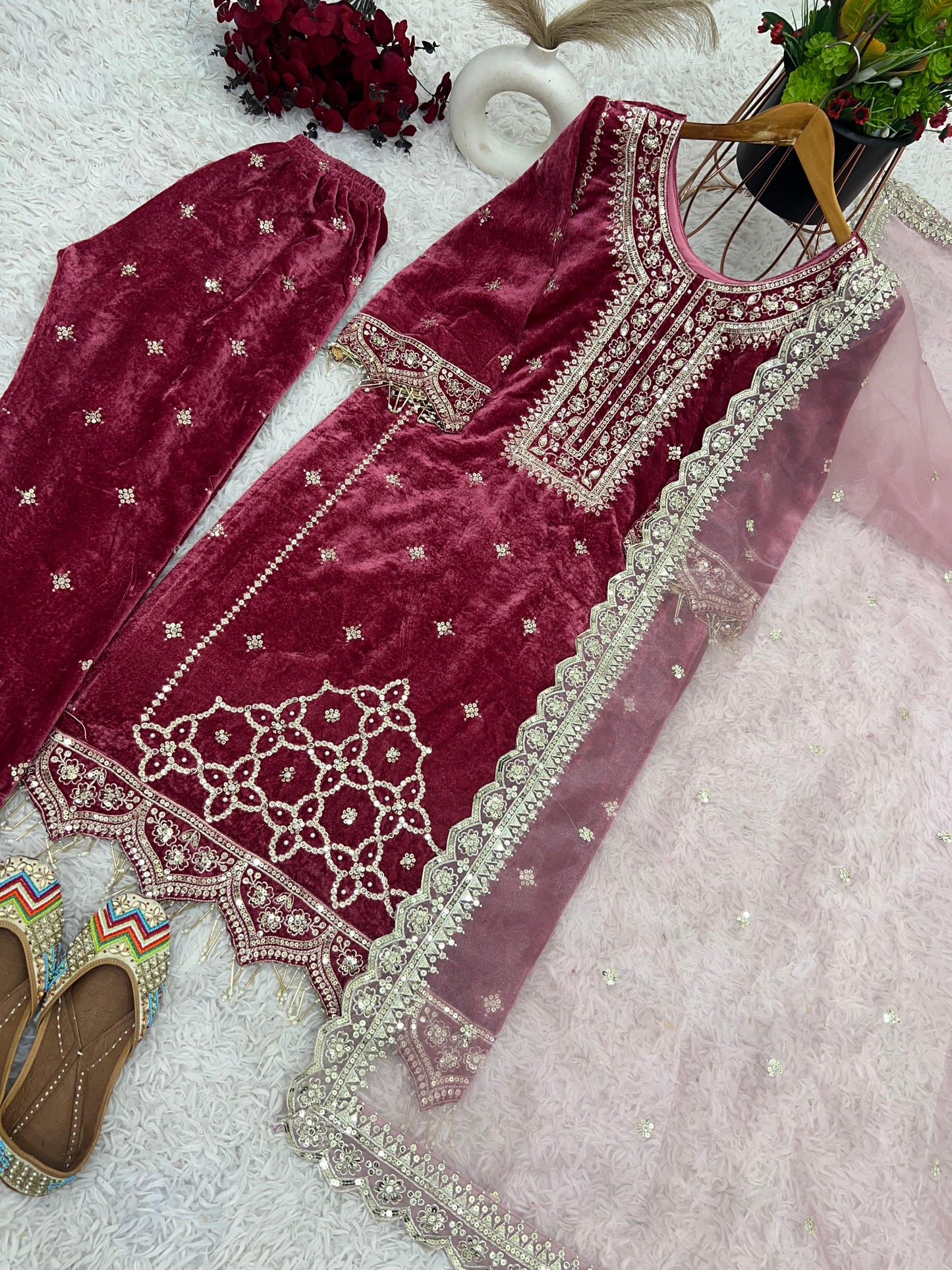 Party Wear Viscose Velvet Designer Look Top-Dupatta and Fully Stiched Bottom