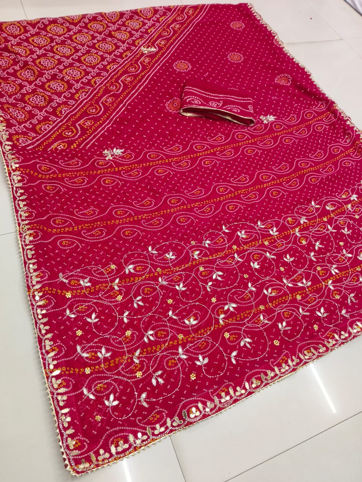 Rajasthani designer chunri Fabric Saree With Beautiful Cutdana Heavy Jaal