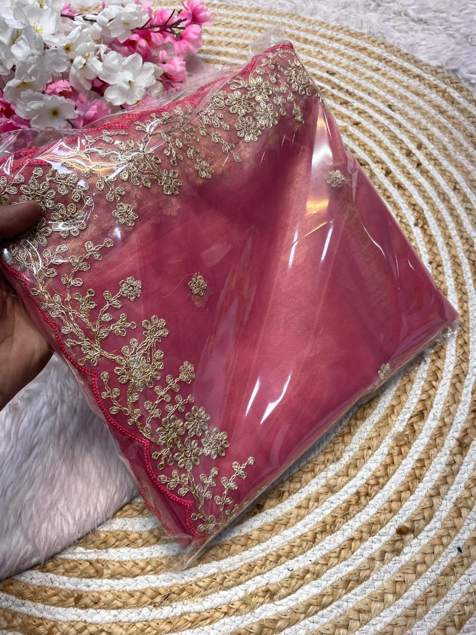 Twill Net Fabric with Attractive Thread Work & Sequnce