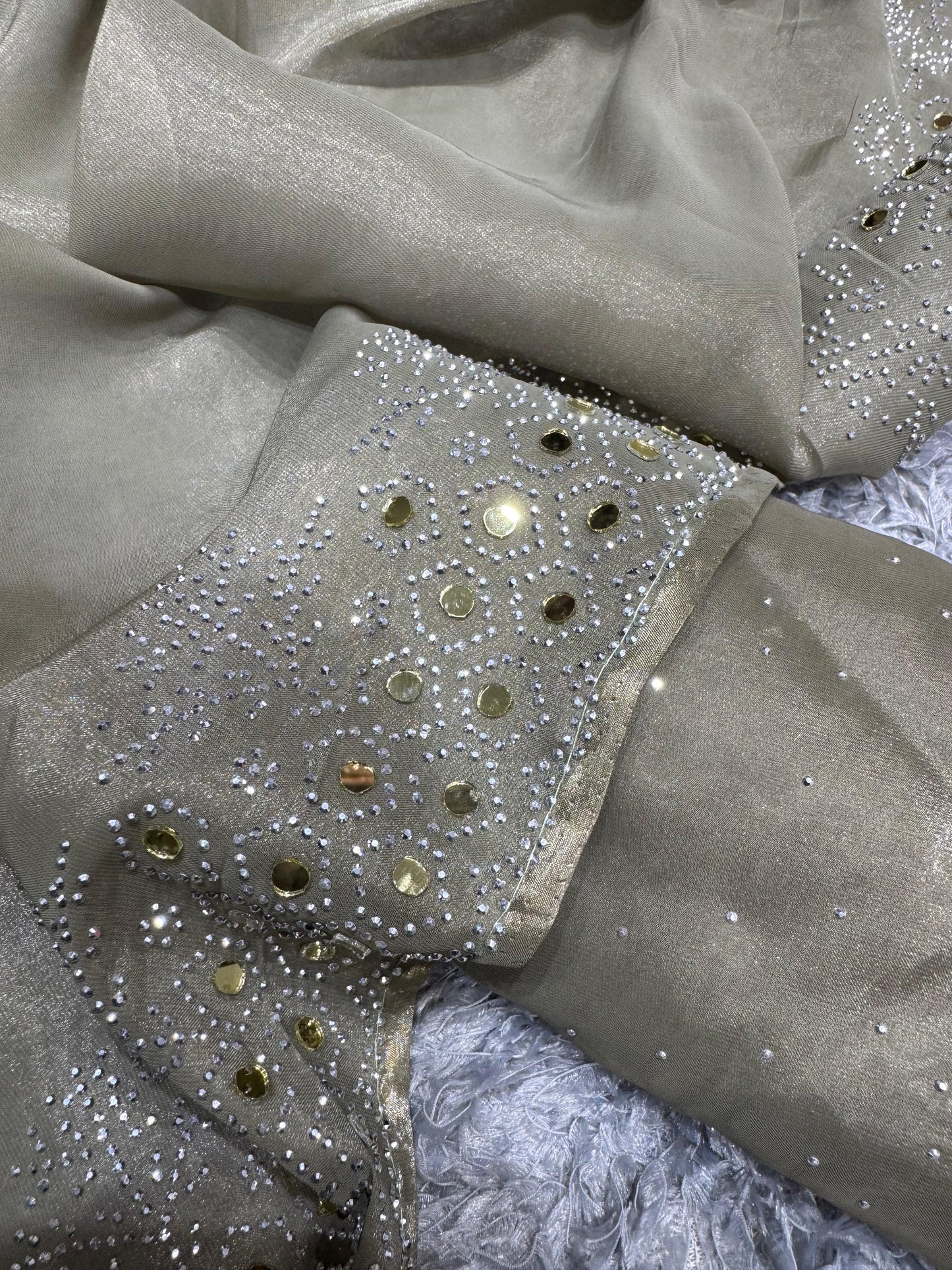 siroski diamonds and mirror hand work Jimmy Choo saree