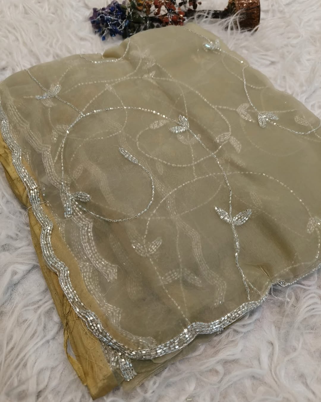 Crystal tissue saree with handwork