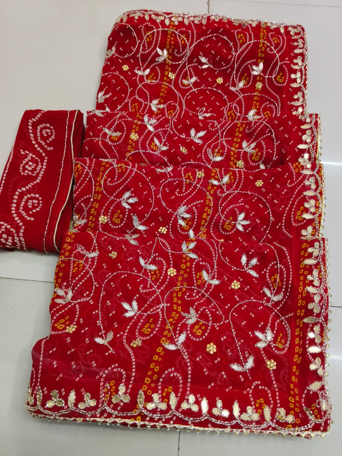 Rajasthani designer chunri Fabric Saree With Beautiful Cutdana Heavy Jaal