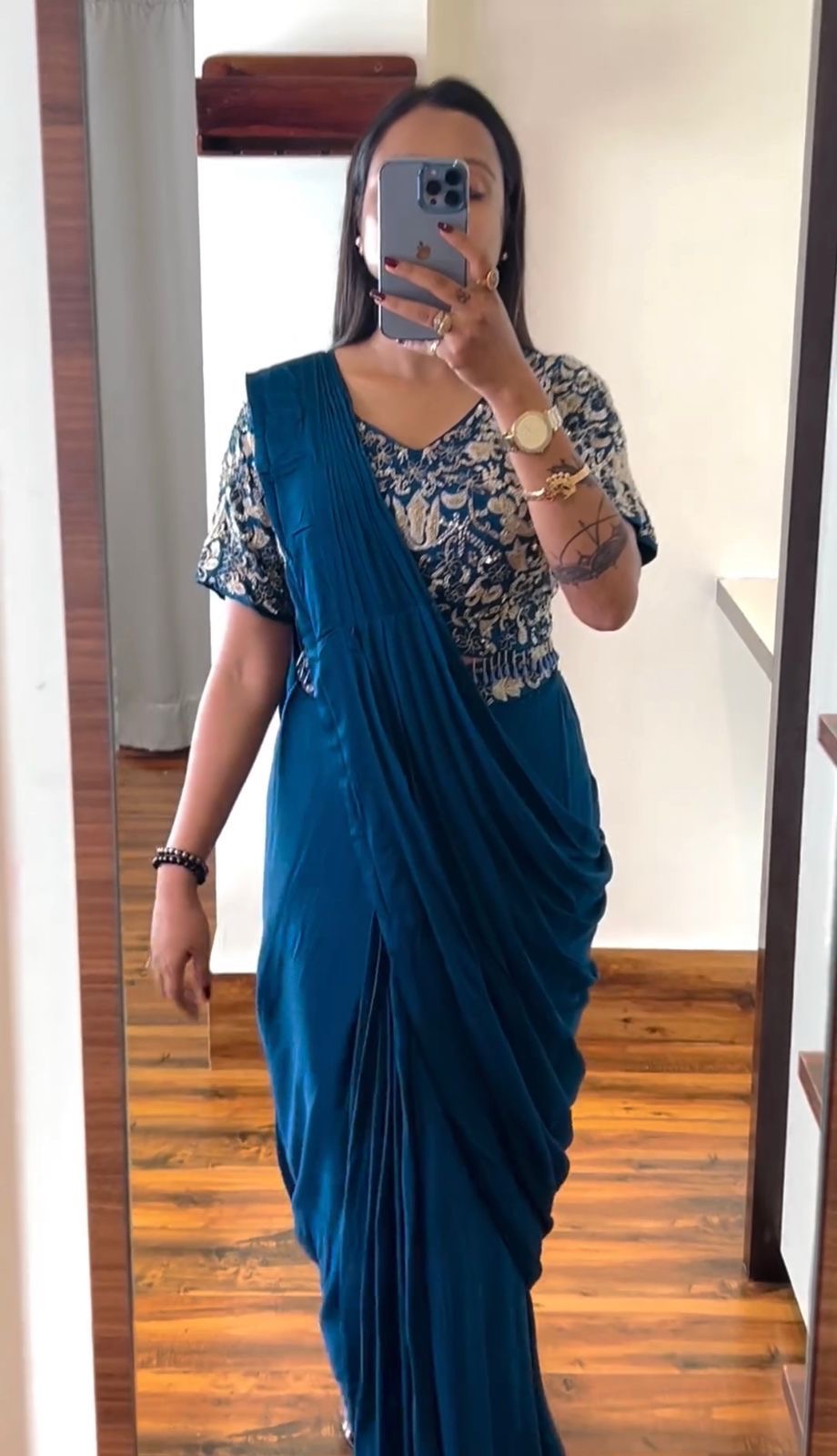 Embroidery cording work ready to wear saree with Embroidery Blouse