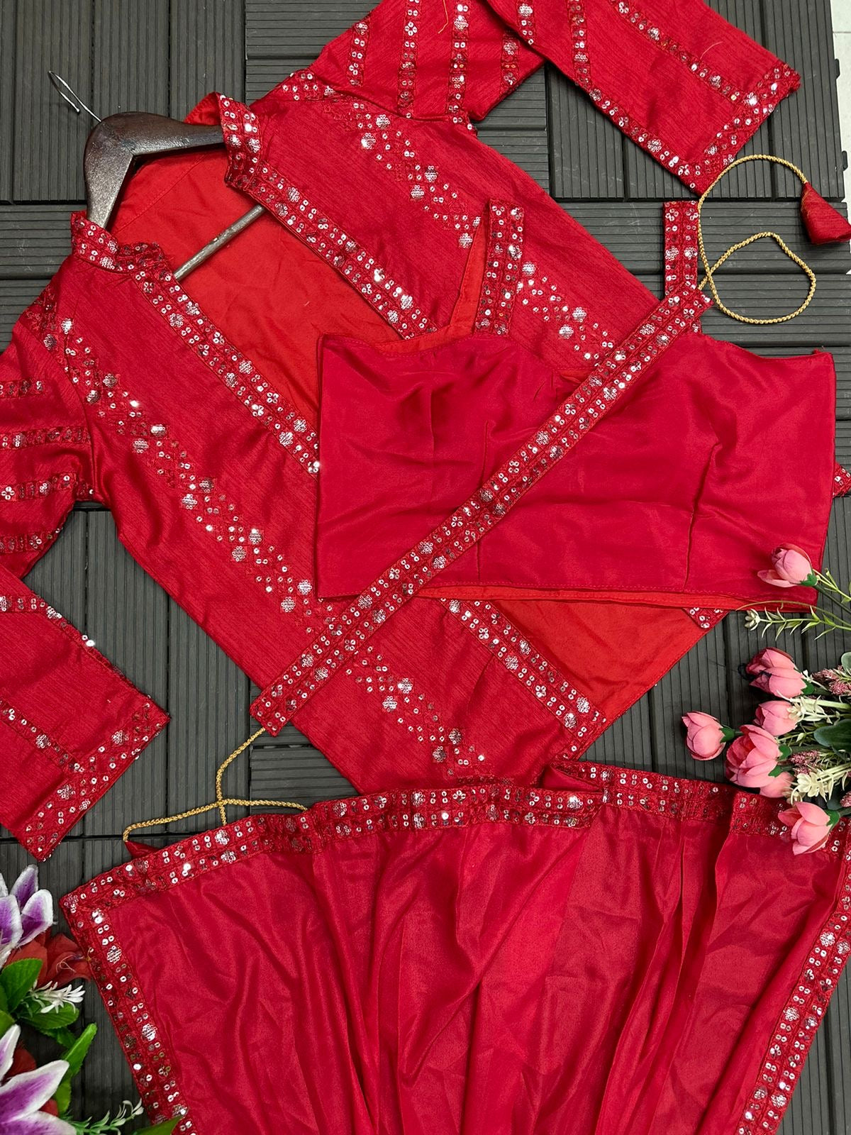Embroidery Sequence work ready to wear saree with full koti