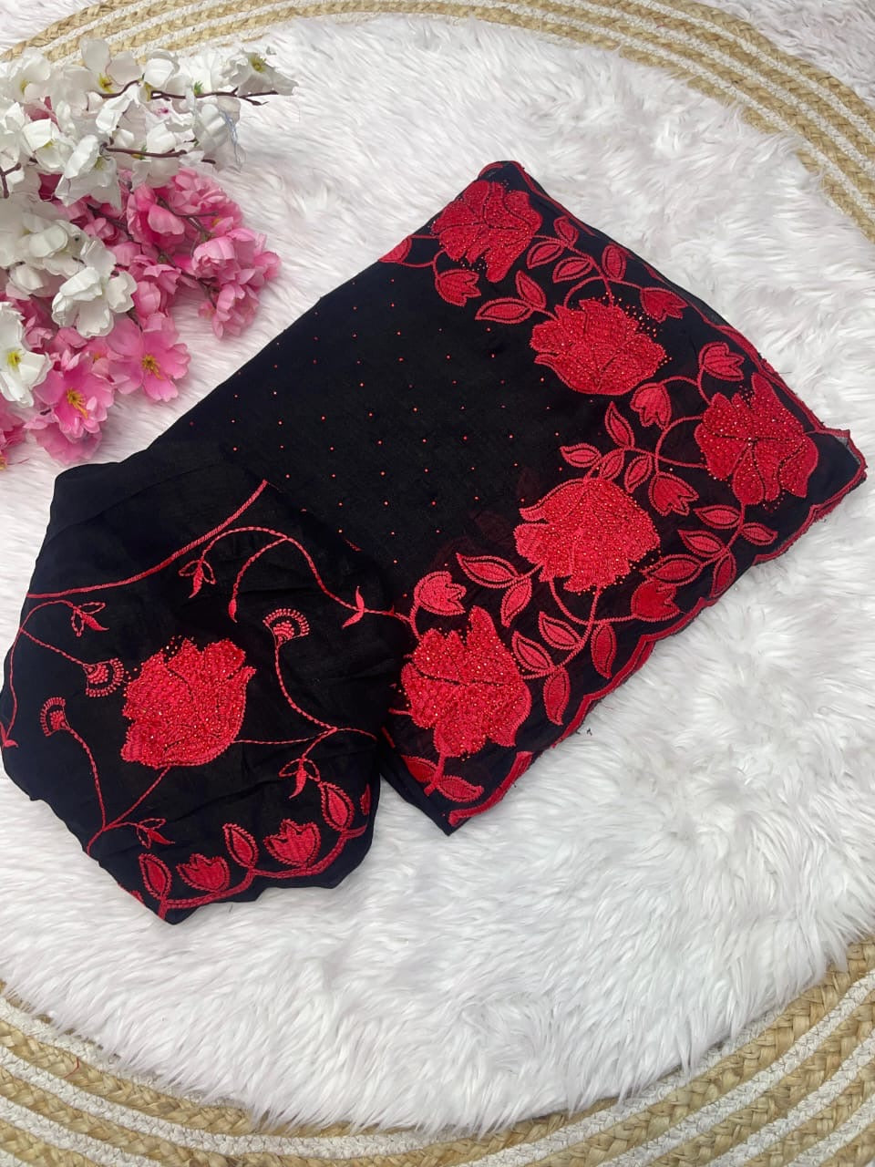 Soft Vichitra Blooming With Beautiful Embroidery Work