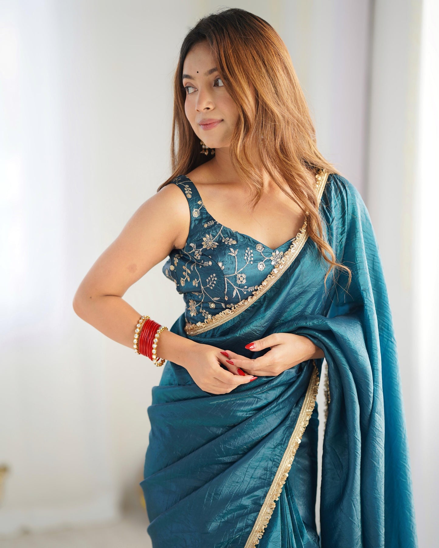 READY TO WEAR PREDRAPPED SAREE WITH FULL STTICHED BLOUSE PREMIUM GOLD CRUSH TISSUE SILK FABRIC