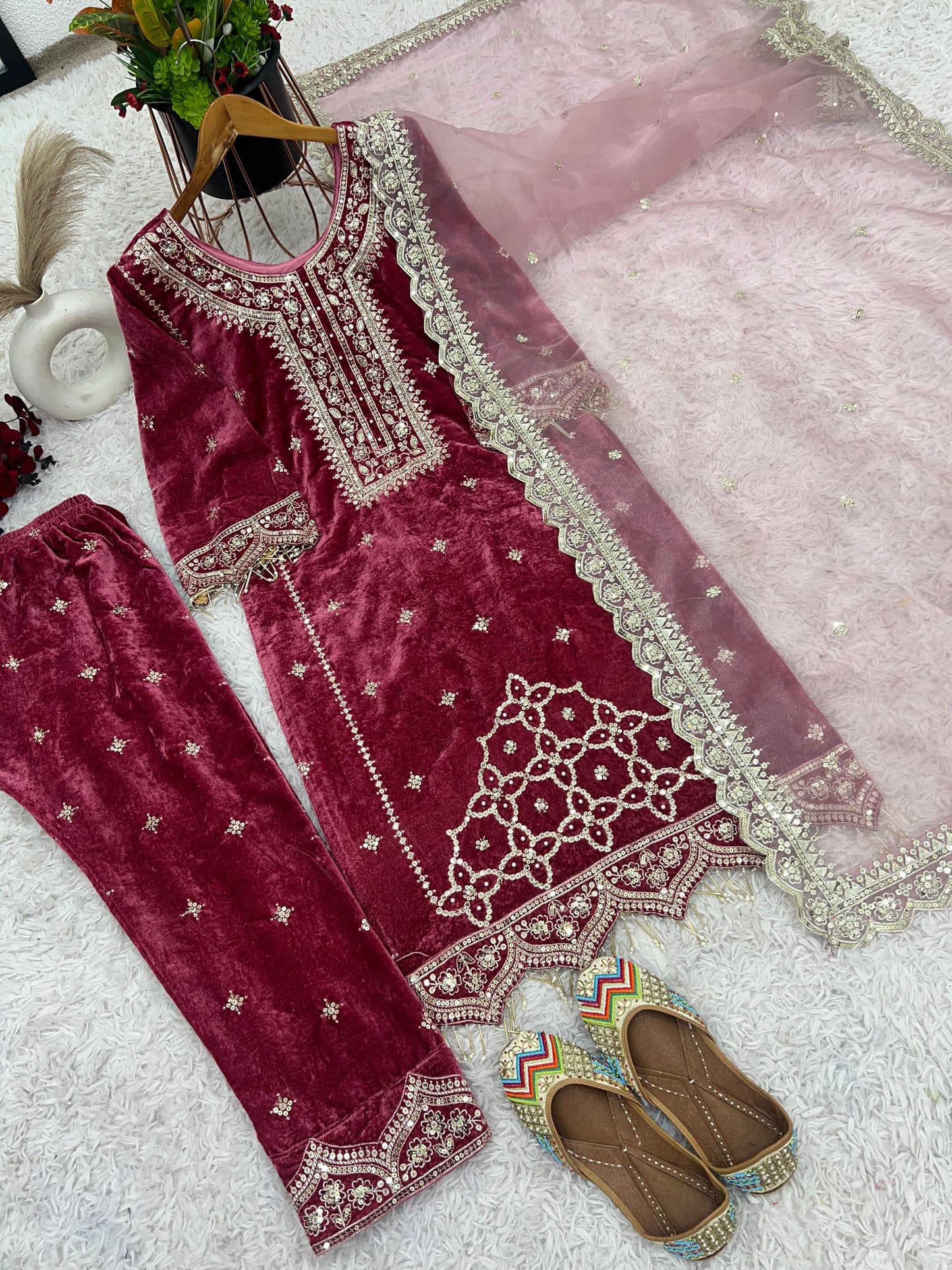 Party Wear Viscose Velvet Designer Look Top-Dupatta and Fully Stiched Bottom
