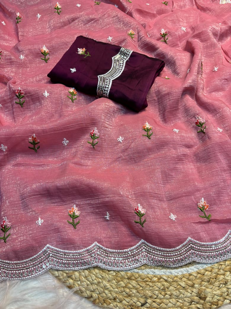 Crunchy Chiffon Multi Embroidery Work Saree