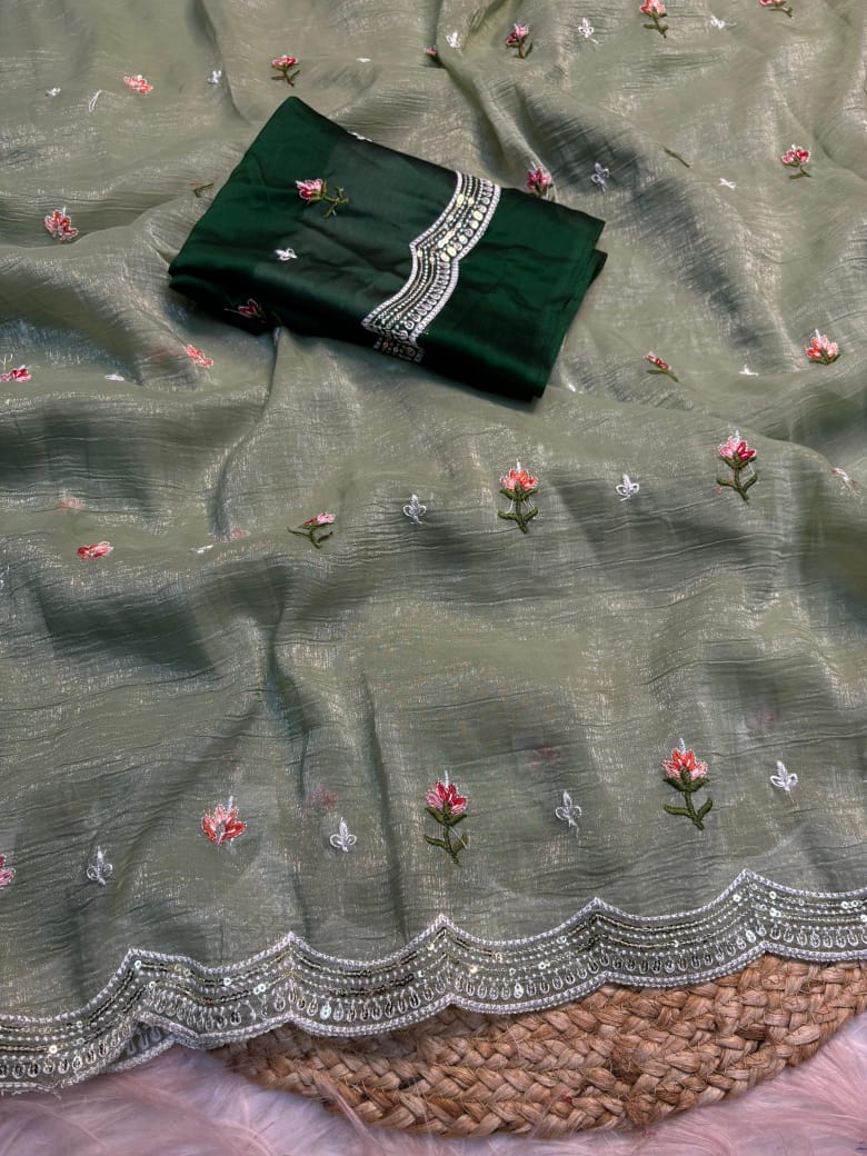 Crunchy Chiffon Multi Embroidery Work Saree