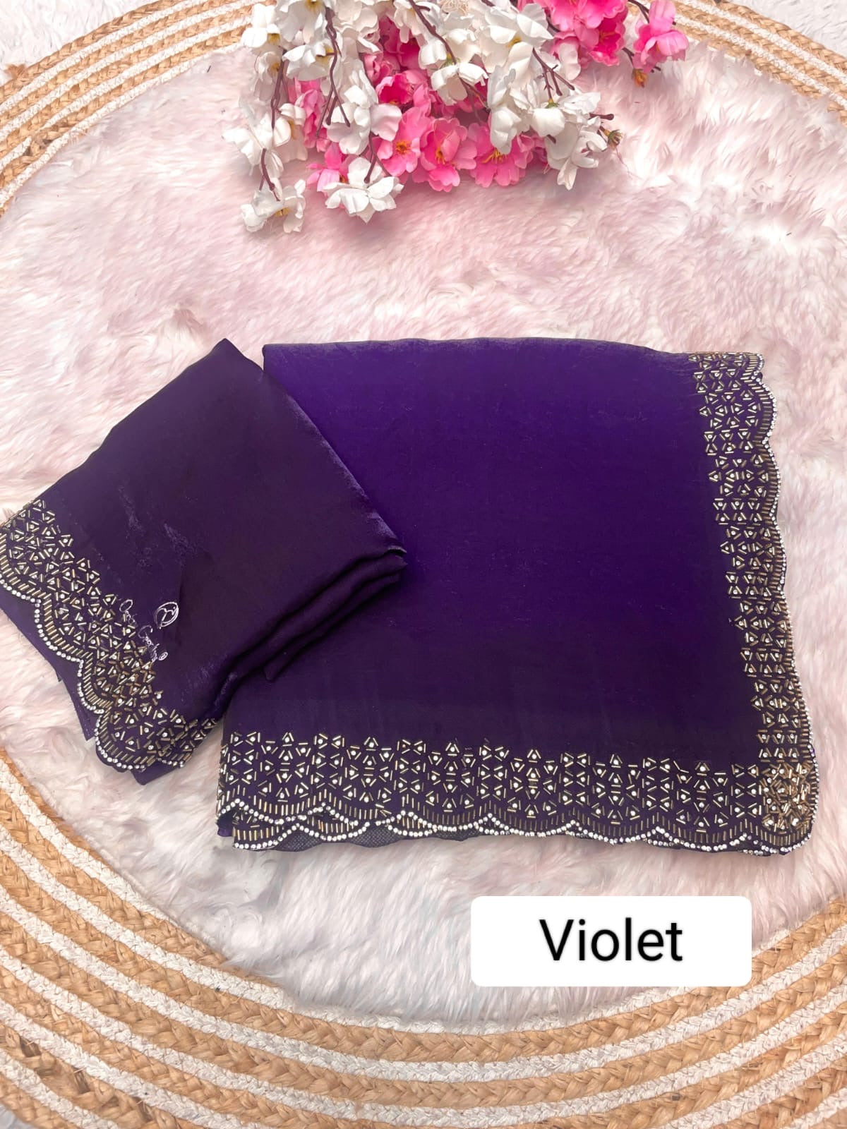 Fendy Sattin Saree With Beautiful Cut Dana with heavy jarkan work