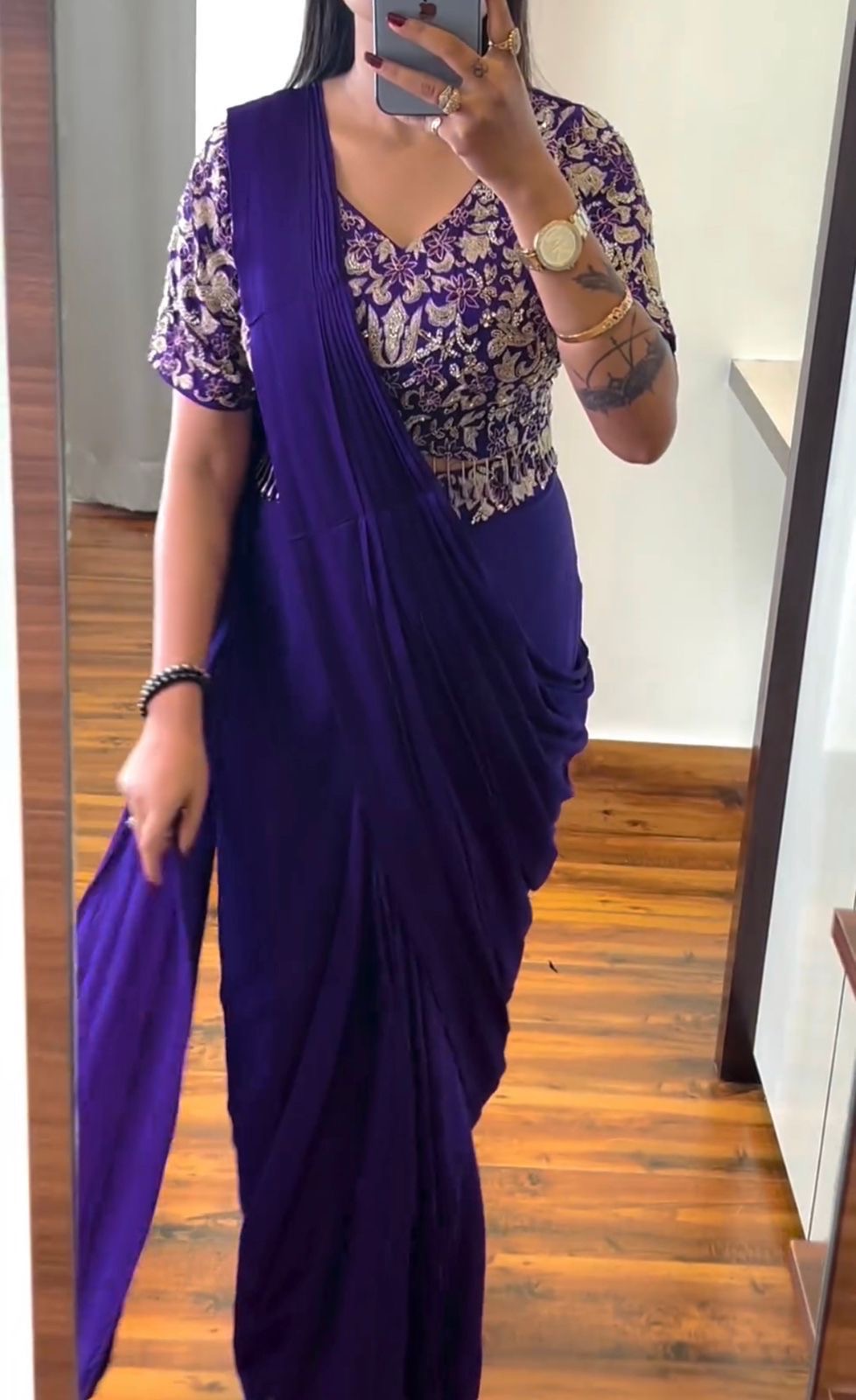 Embroidery cording work ready to wear saree with Embroidery Blouse