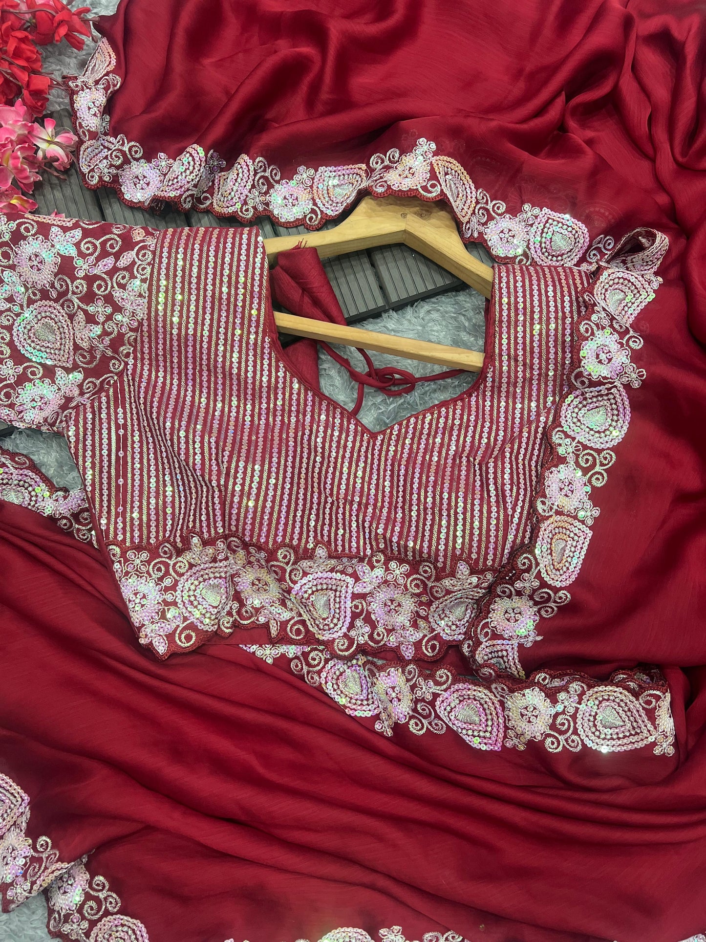 Satin Chiffon saree with Sequins embroidery work