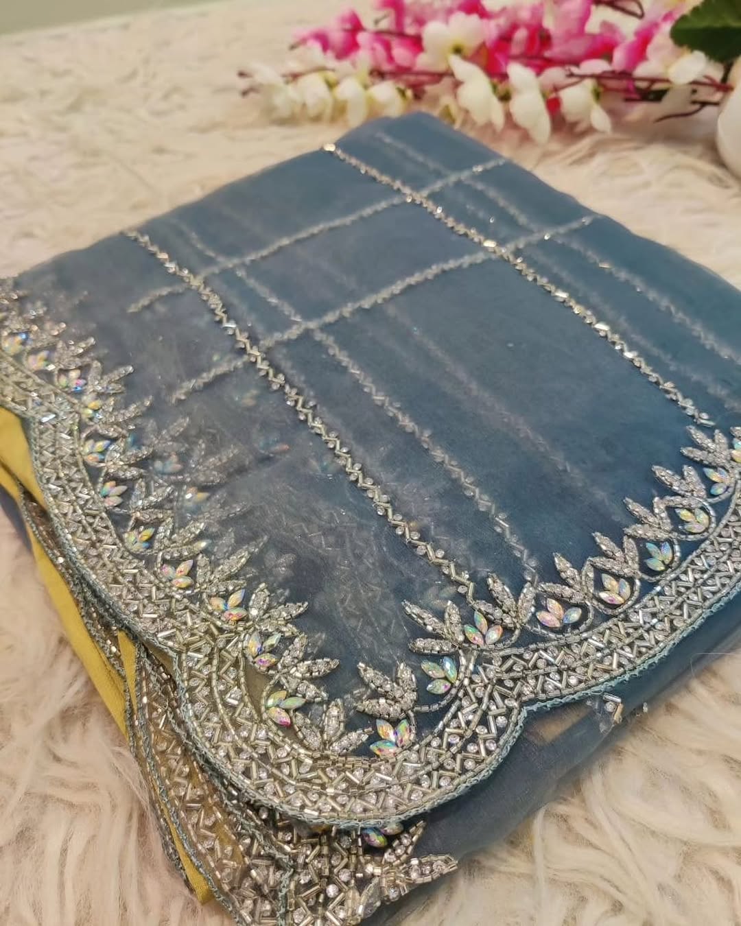 Crystal tissue saree in necklace design