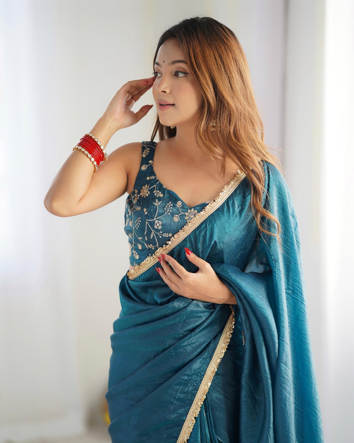 READY TO WEAR PREDRAPPED SAREE WITH FULL STTICHED BLOUSE PREMIUM GOLD CRUSH TISSUE SILK FABRIC