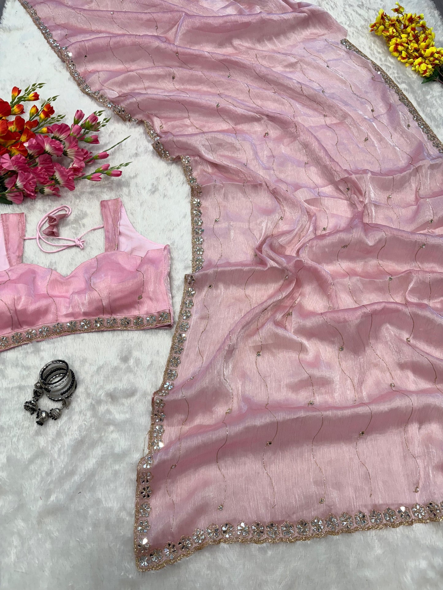Jimmy Chu Silk Embellished With Beautiful Glitter Dori Work And Real Mirror Work