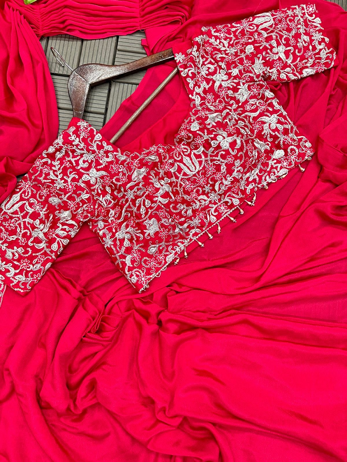 Embroidery cording work ready to wear saree with Embroidery Blouse