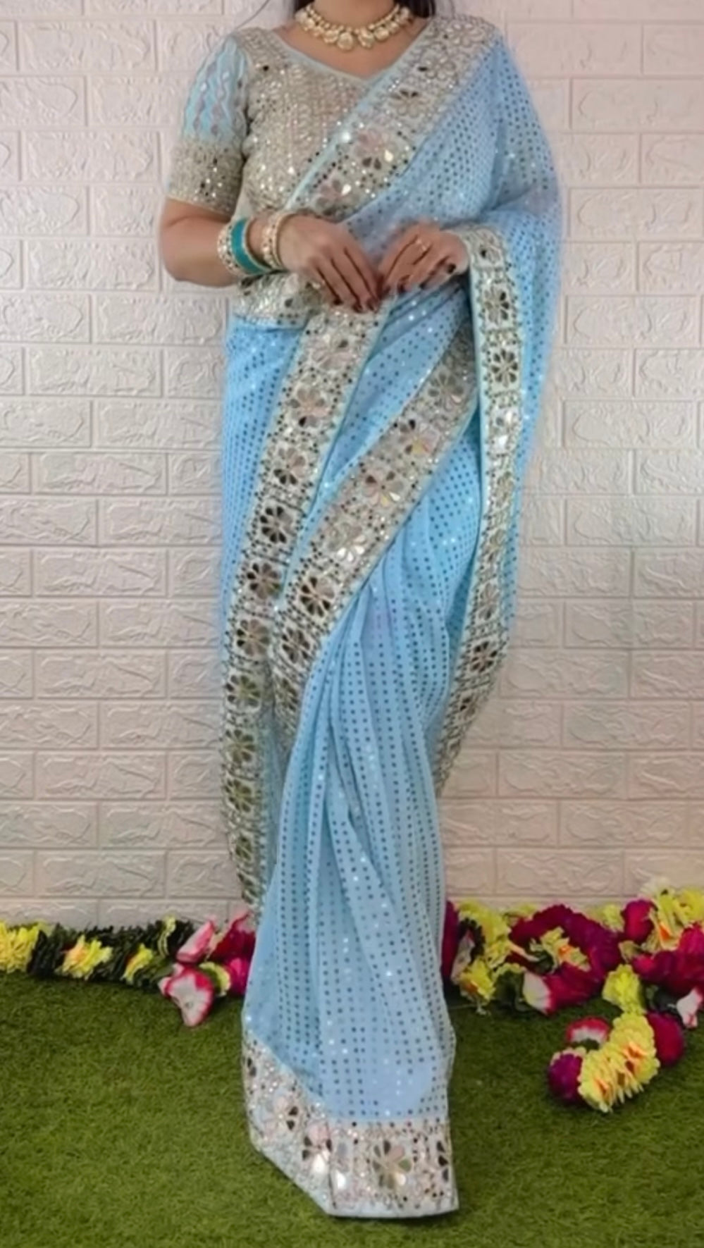 Sky blue mirror work saree with heavy mirror work on blouse