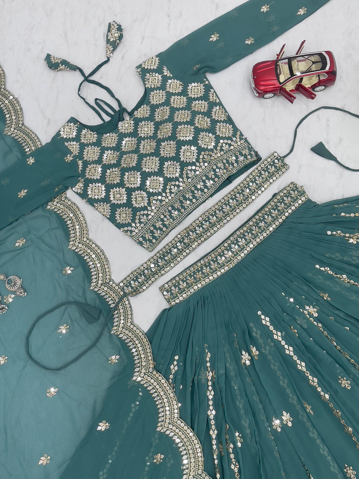 Georgette Lehnga chilli Dupatta with belt