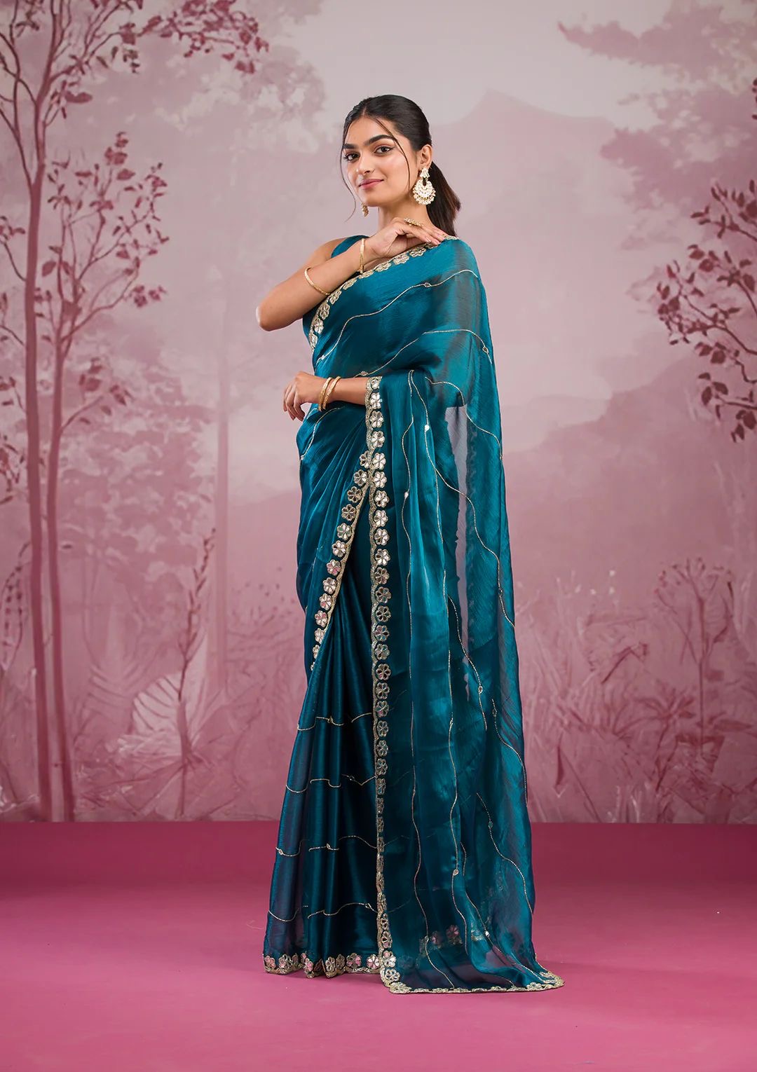 Jimmy Chu Silk Embellished With Beautiful Glitter Dori Work And Real Mirror Work