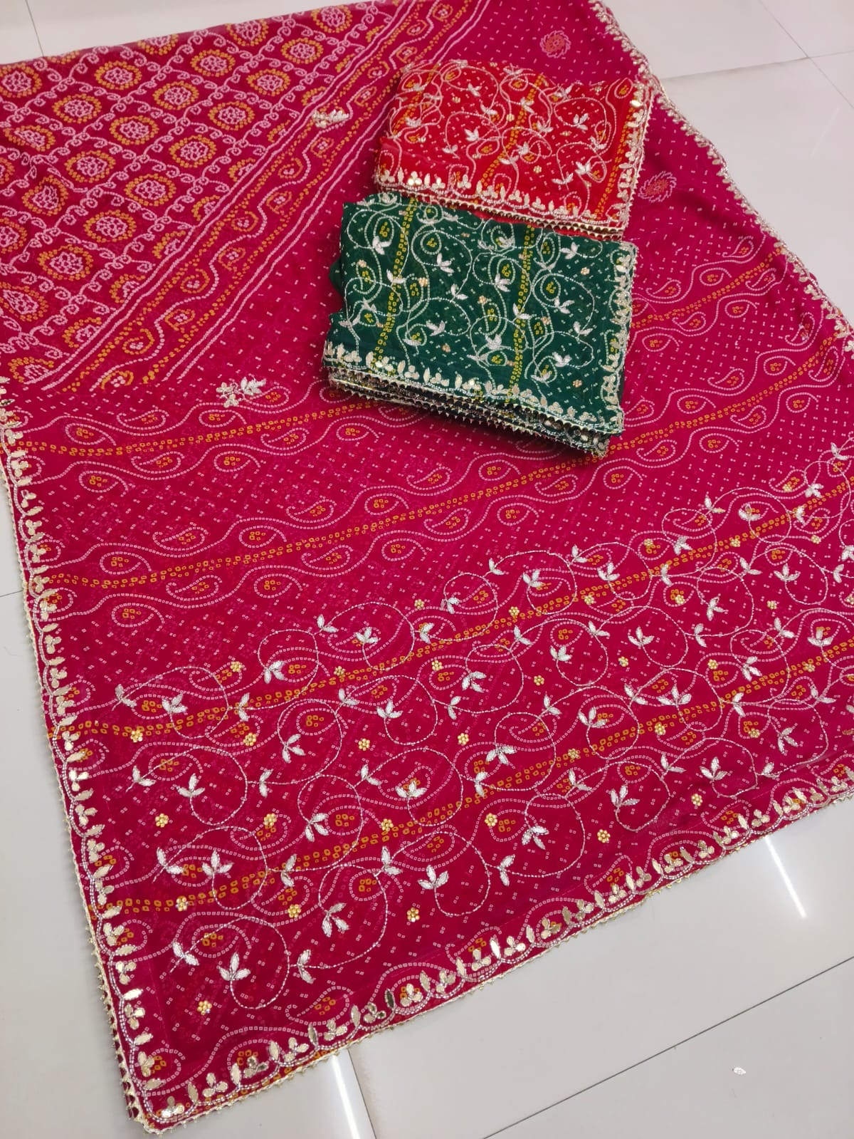 Rajasthani designer chunri Fabric Saree With Beautiful Cutdana Heavy Jaal