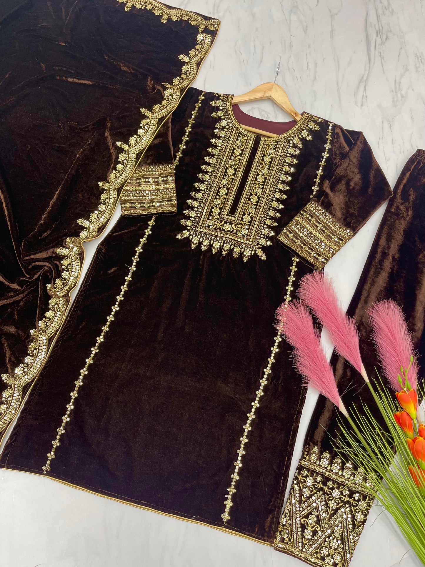 Viscose Velvet With Embroidery suit set