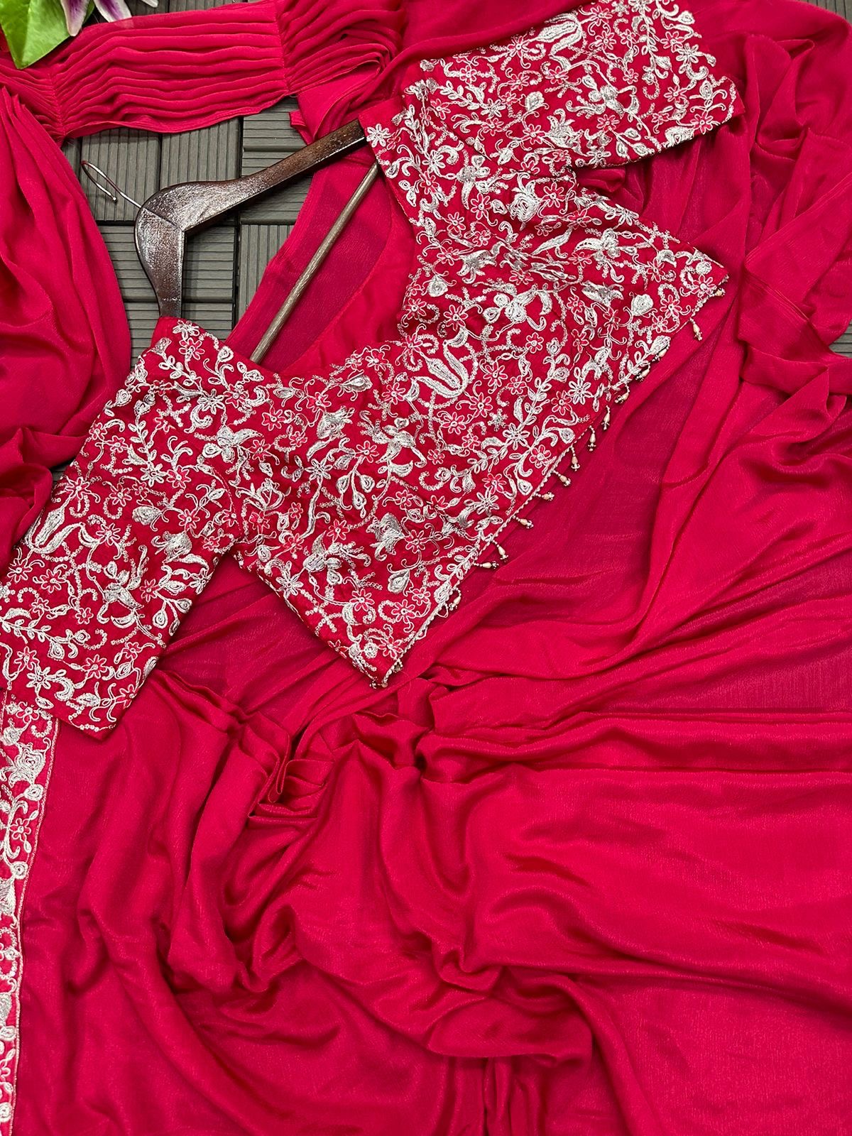 Embroidery cording work ready to wear saree with Embroidery Blouse