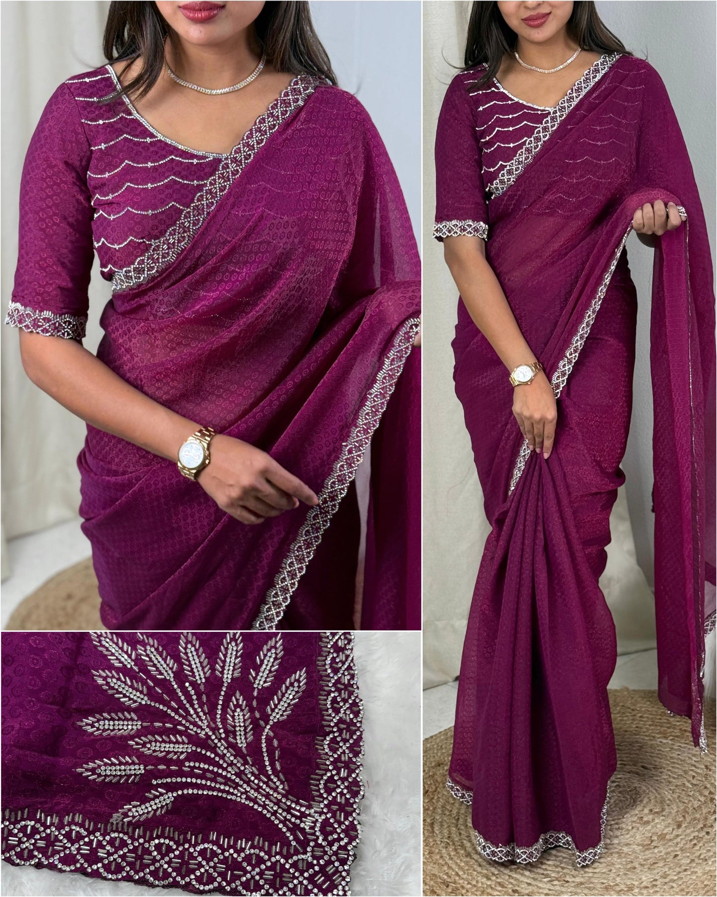 Two tone Fandy satin with self jacquard and siroski handwork