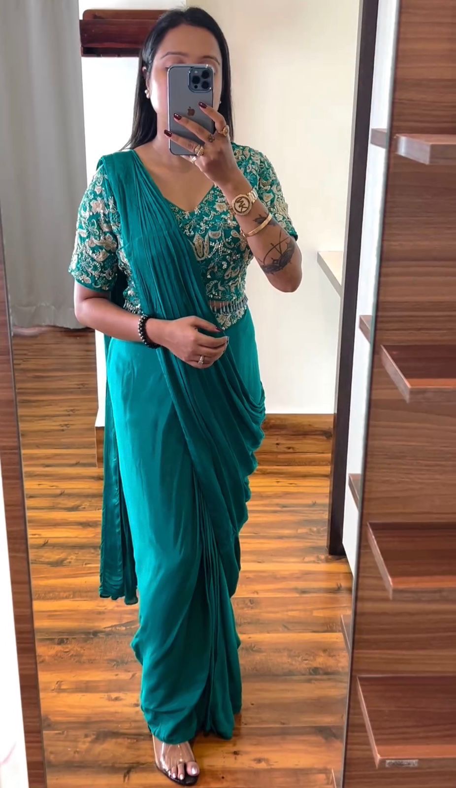 Embroidery cording work ready to wear saree with Embroidery Blouse
