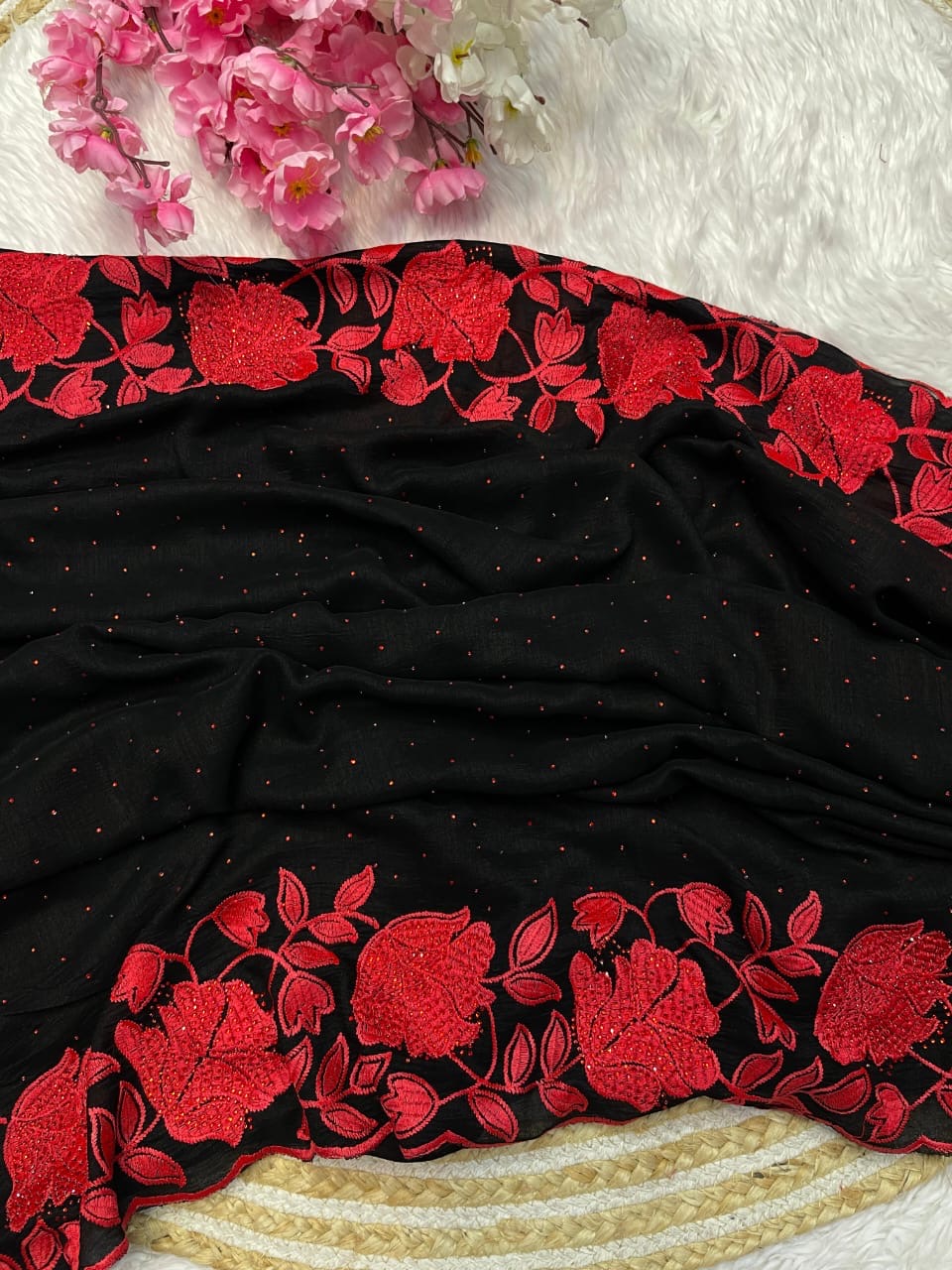 Soft Vichitra Blooming With Beautiful Embroidery Work