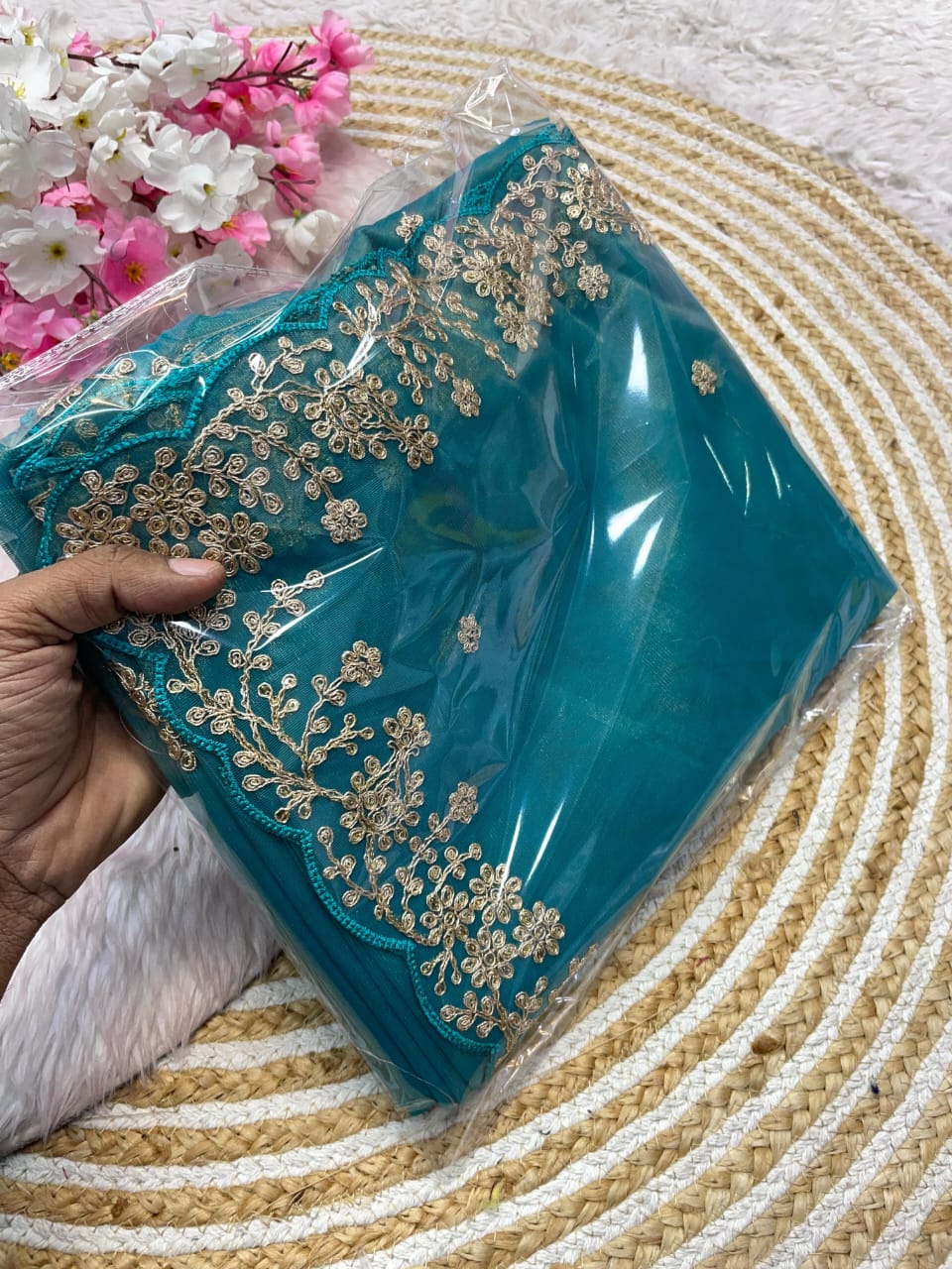 Twill Net Fabric with Attractive Thread Work & Sequnce