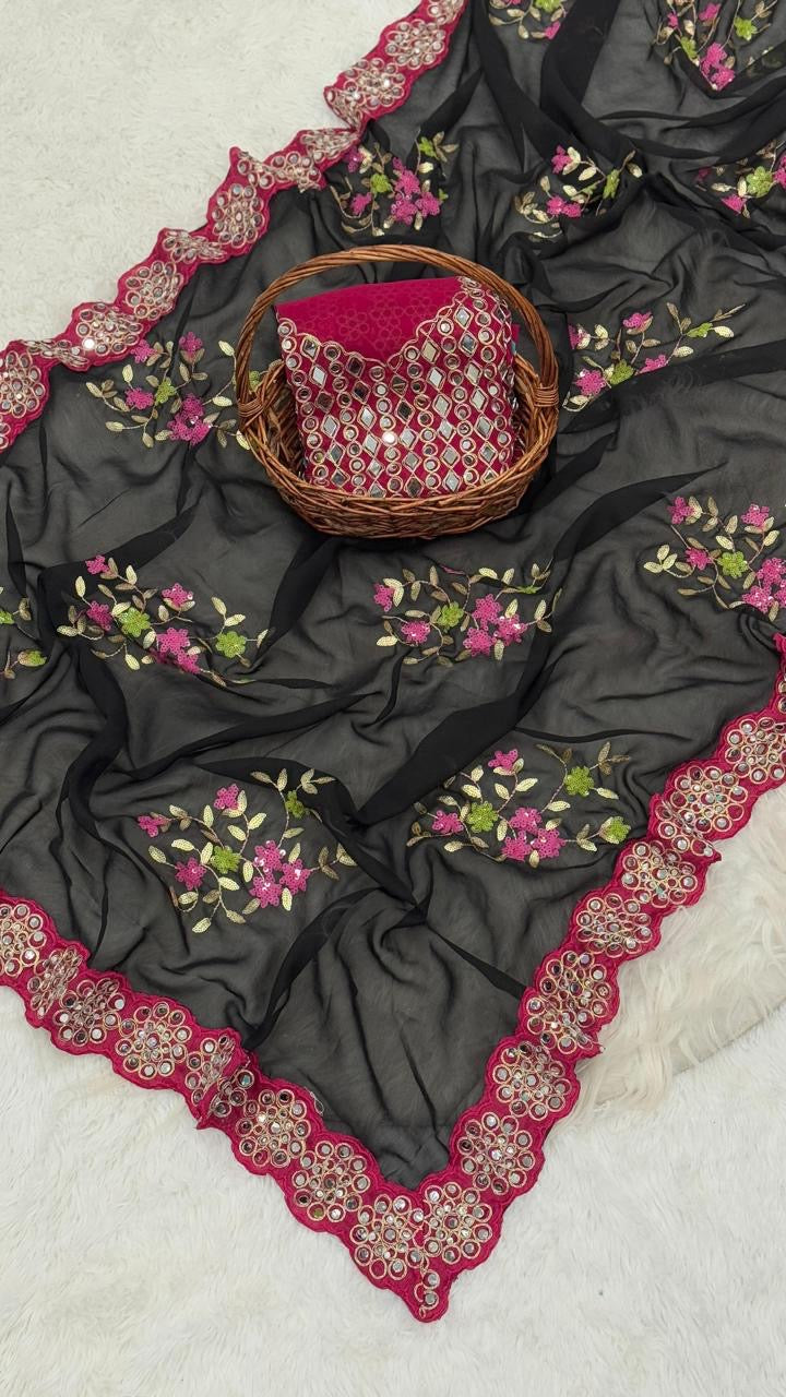 Georgette saree in sequence with Original Mirror