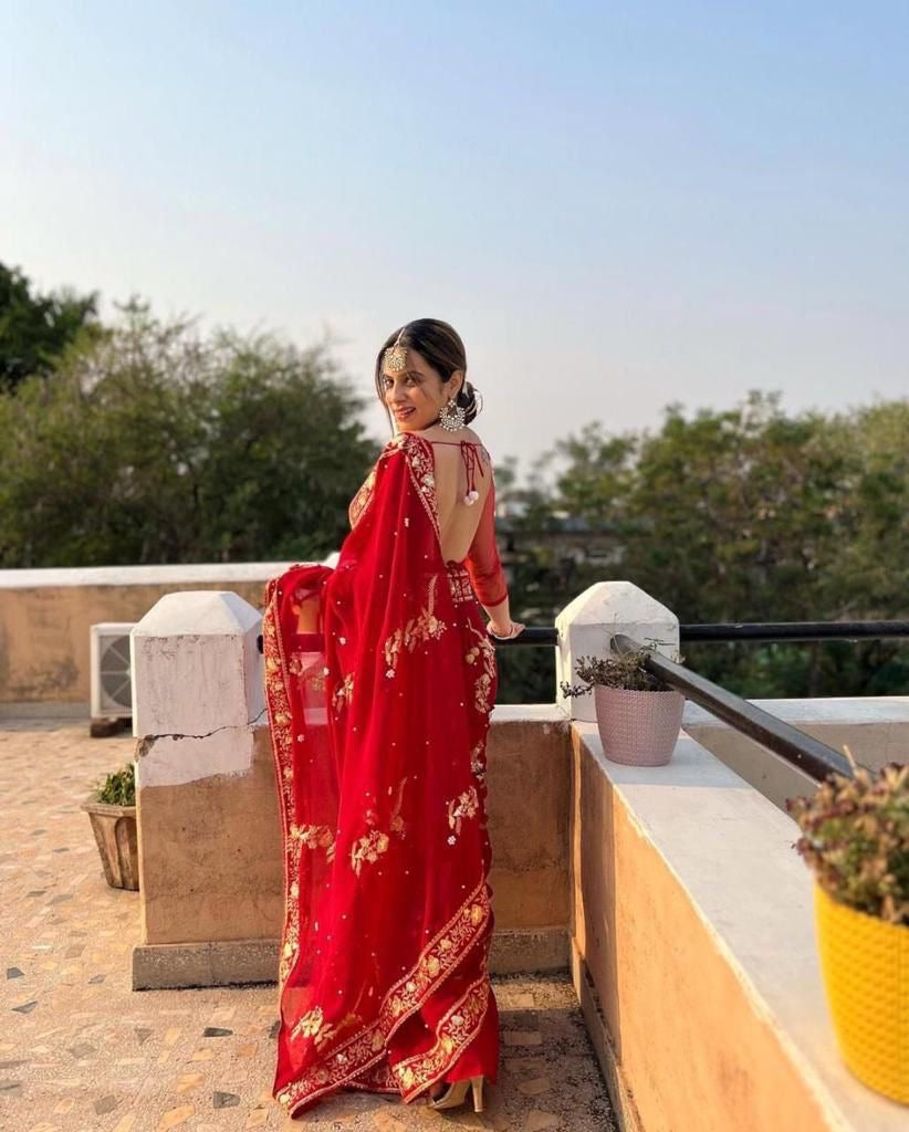 HEAVY GEORGETTE FABRIC ON BEAUTIFUL EMBRODIERY ZARI