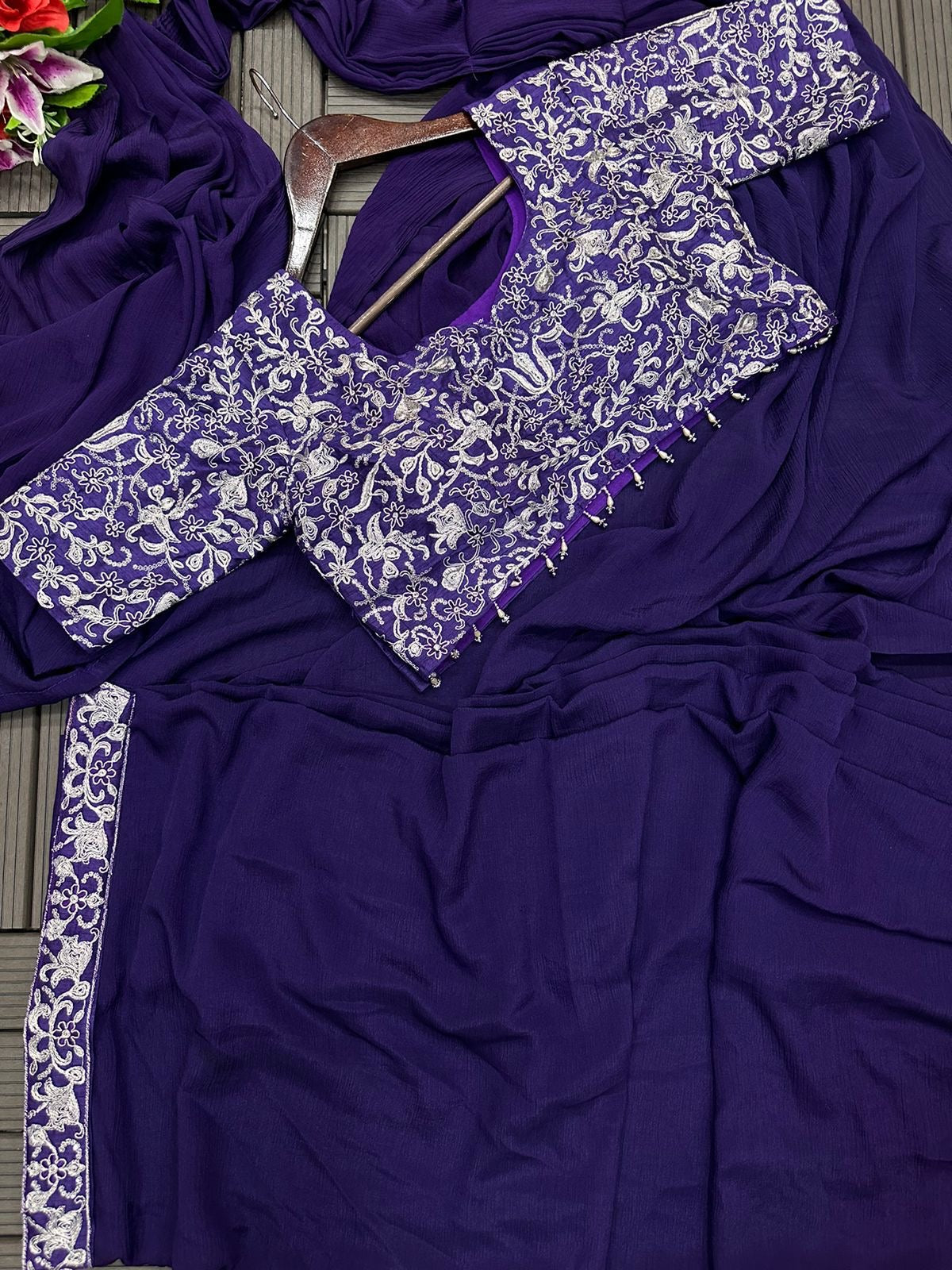 Embroidery cording work ready to wear saree with Embroidery Blouse