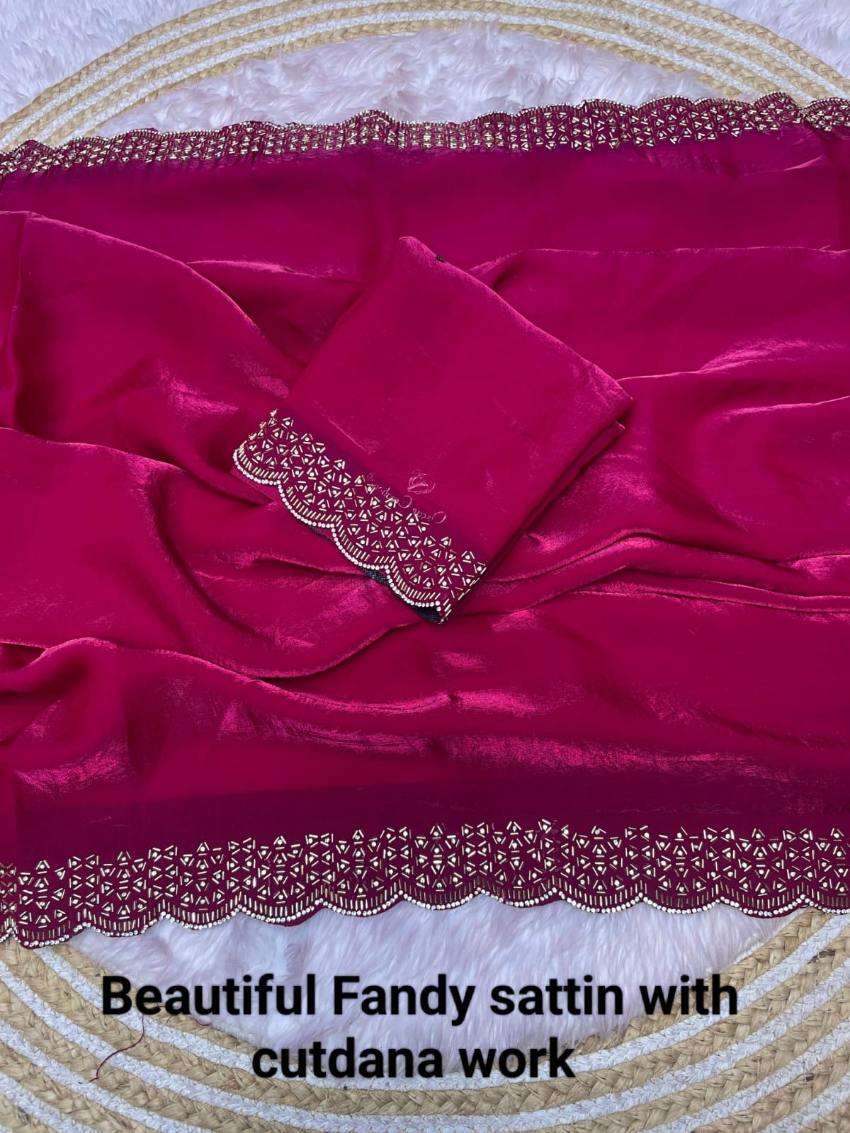 Fendy Sattin Saree With Beautiful Cut Dana with heavy jarkan work