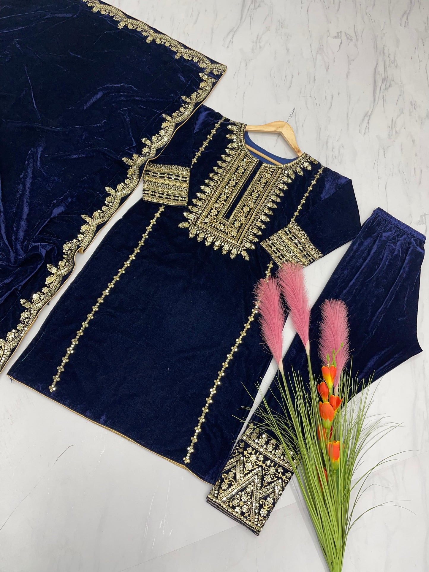 Viscose Velvet With Embroidery suit set