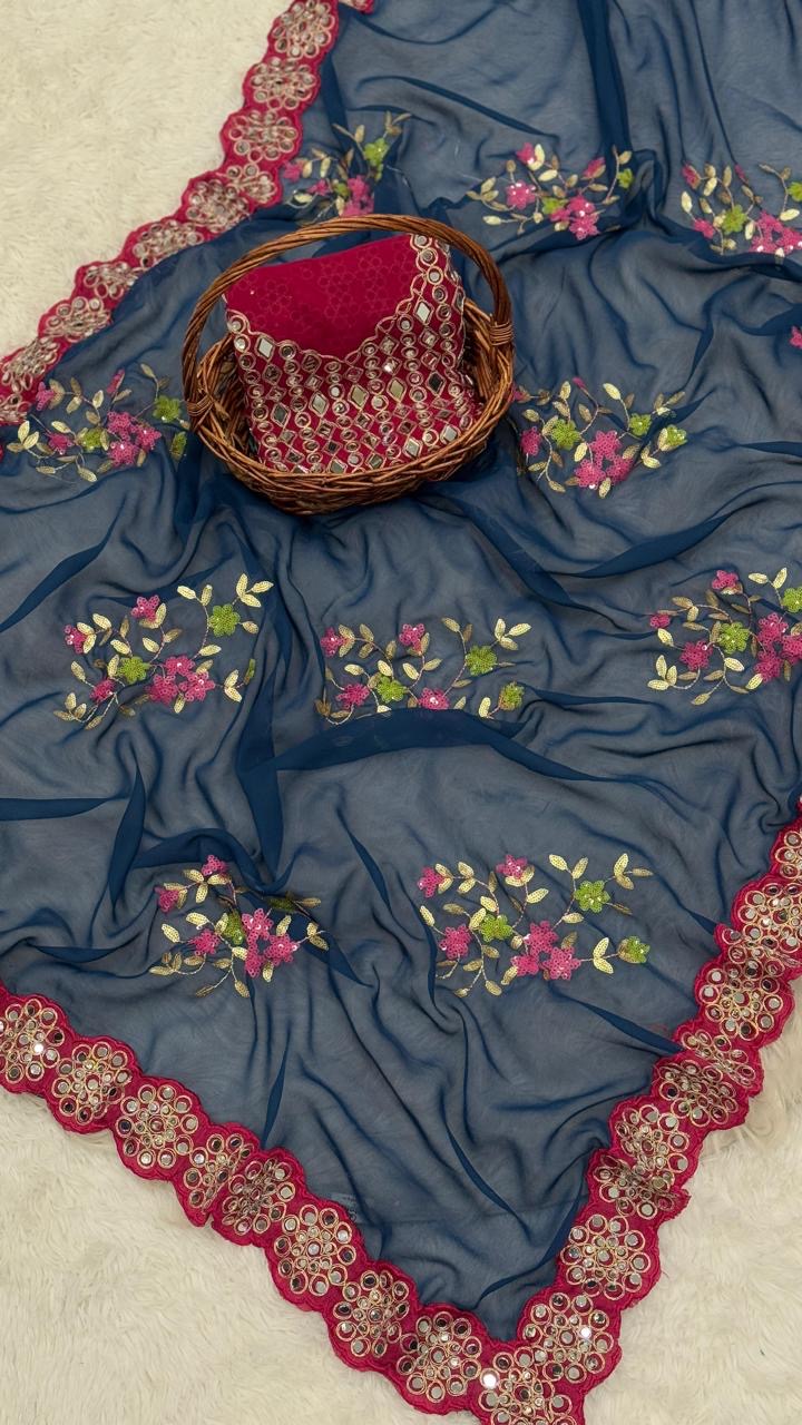 Georgette saree in sequence with Original Mirror